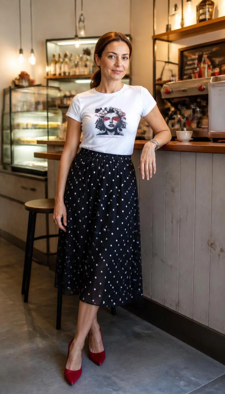 White Graphic T-shirt and Polka Dot Midi Skirt A photorealistic full body shot of a 48-year-old Eastern European woman with a heart-shaped face, golden brown, rounded nose, thin arched eyebrows, and heart-shaped lips. Her face features faint freckles across the nose, subtle acne marks, and subtle natural facial asymmetry. She has almond-shaped dark brown eyes, pronounced cheekbones, subtle smile, confident. She is slim with light brown hair in a low ponytail and is wearing a white graphic t-shirt, a polka dot midi skirt, and red shoes, a cozy cafe setting, no people in the background, high-quality mobile photography, shot on an iPhone 14.