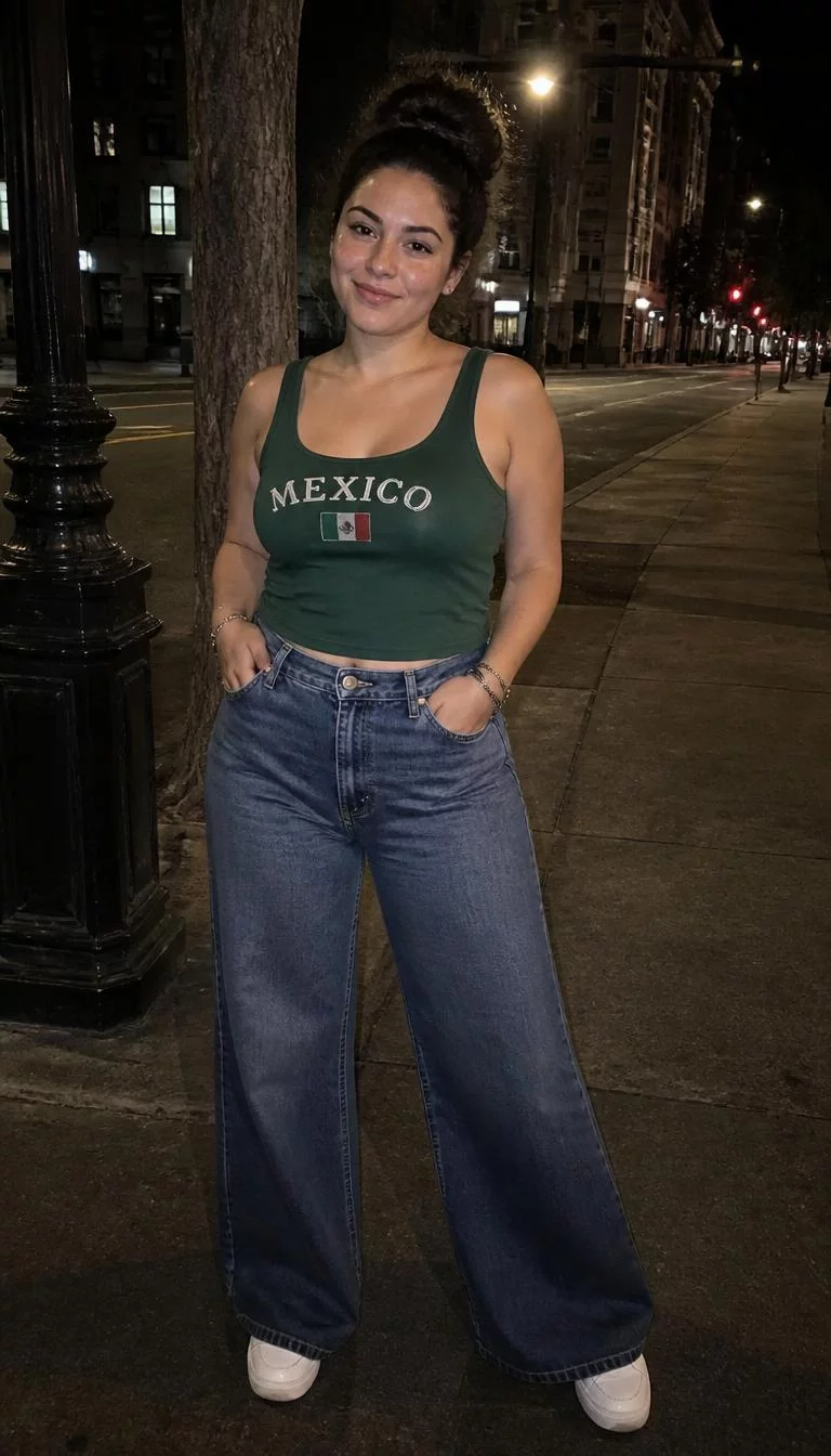 Green Mexico Tank Top and Wide Leg Jeans A photorealistic full body shot of a 29-year-old Mixed-race woman with a pear-shaped face, fair, upturned nose, feathered eyebrows, and thin lips. Her face features slightly crooked smile, light freckles, and subtle natural facial asymmetry. She has deep-set blue eyes, pronounced cheekbones, closed-mouth smile, cheerful. She is curvy build with dark wavy hair in a messy bun hair and is wearing a green Mexico tank top and wide-leg jeans, standing on a dark, illuminated city sidewalk at night, no people in the background, high-quality mobile photography, shot on an iPhone 14.
