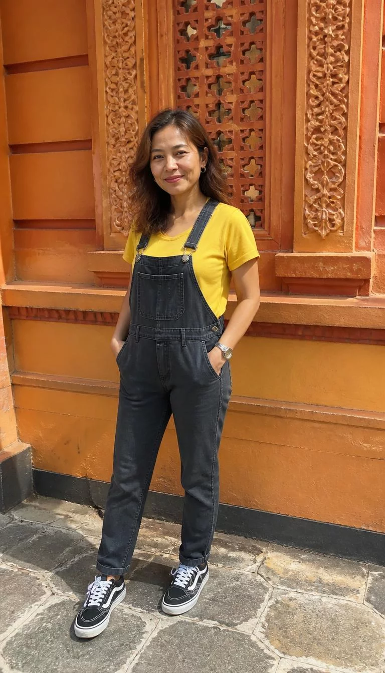 Yellow T-shirt and Charcoal Denim Overalls A photorealistic full body shot of a 43-year-old Southeast Asian woman with a oblong face, deep brown, button nose, softly curved eyebrows, and wide lips. Her face features dimples, a few laugh lines, and subtle natural facial asymmetry. She has downturned dark brown eyes, high cheekbones, closed-mouth smile, cheerful. She is slim with wavy brown hair hair and is wearing a yellow t-shirt and charcoal denim overalls, posing in front of an ornamental orange building wall in a sunny outdoor setting, no people in the background, high-quality mobile photography, shot on an iPhone 14.