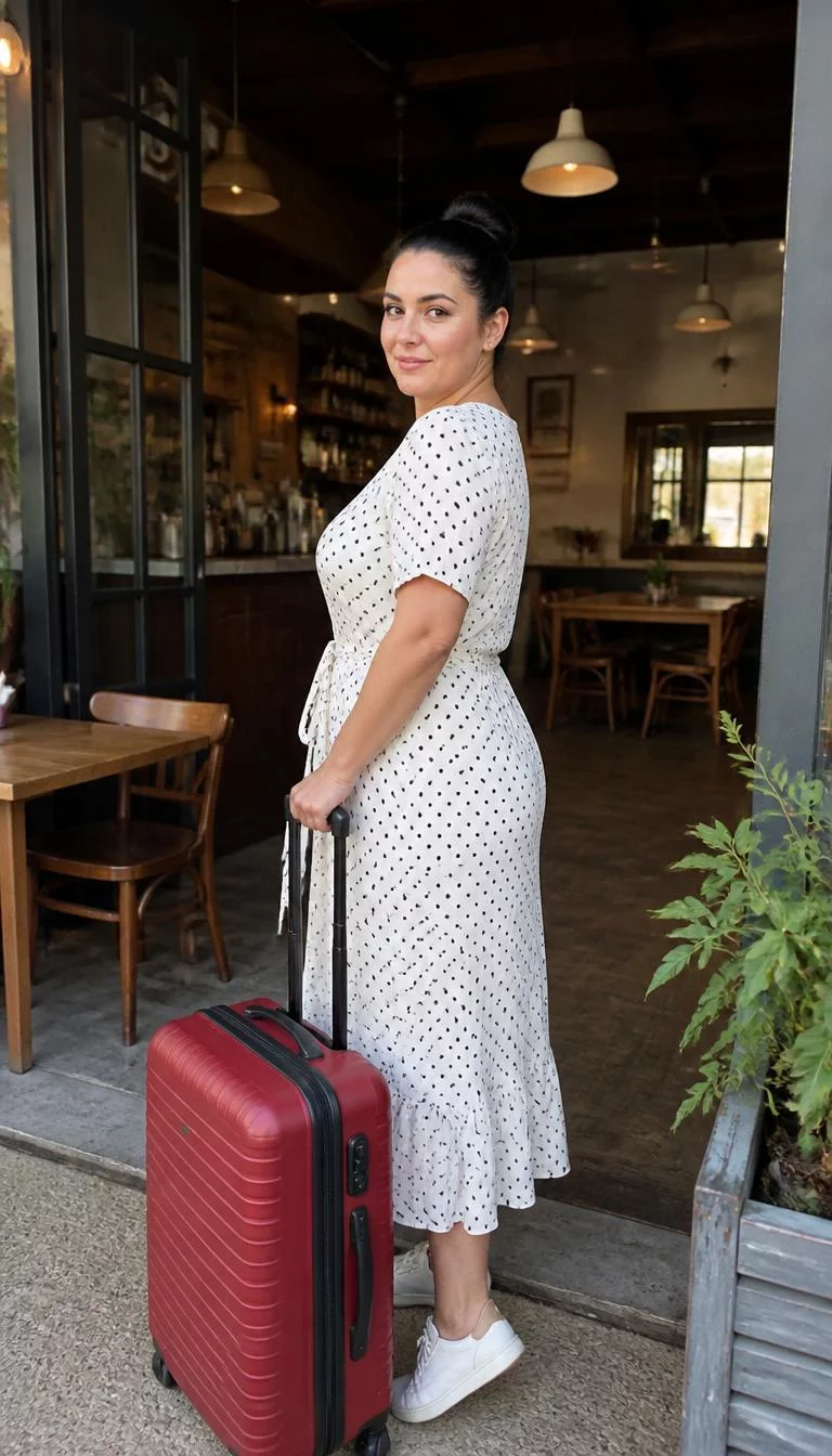 White Polka Dot Dress and Red Suitcase A photorealistic full body shot of a 38-year-old Northern European woman with a pear-shaped face, light, narrow nose, softly curved eyebrows, and full lips. Her face features small scar on the eyebrow, light freckles, and subtle natural facial asymmetry. She has almond-shaped brown eyes, soft cheekbones, closed-mouth smile, playful. She is curvy build with dark hair in a sleek bun hair and is wearing a white polka dot dress and holds a red suitcase, cafe setting with wooden furniture and chairs, no people in the background, high-quality mobile photography, shot on an iPhone 14.