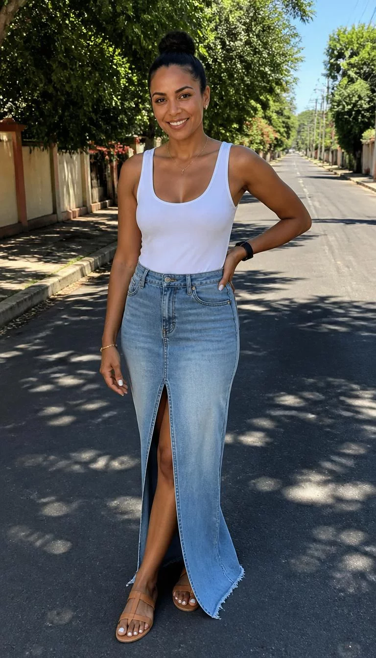 White Tank Top and Denim Midi Skirt A photorealistic full body shot of a 34-year-old Afro-Caribbean woman with a diamond face, deep brown, upturned nose, feathered eyebrows, and heart-shaped lips. Her face features widow's peak hairline, visible pores, and subtle natural facial asymmetry. She has downturned green eyes, high cheekbones, broad smile, confident. She is athletic build with dark brown hair in a bun hair and is wearing a simple white tank top and a long denim skirt with a front slit, sunny, tree-lined suburban street, no people in the background, high-quality mobile photography, shot on an iPhone 14.