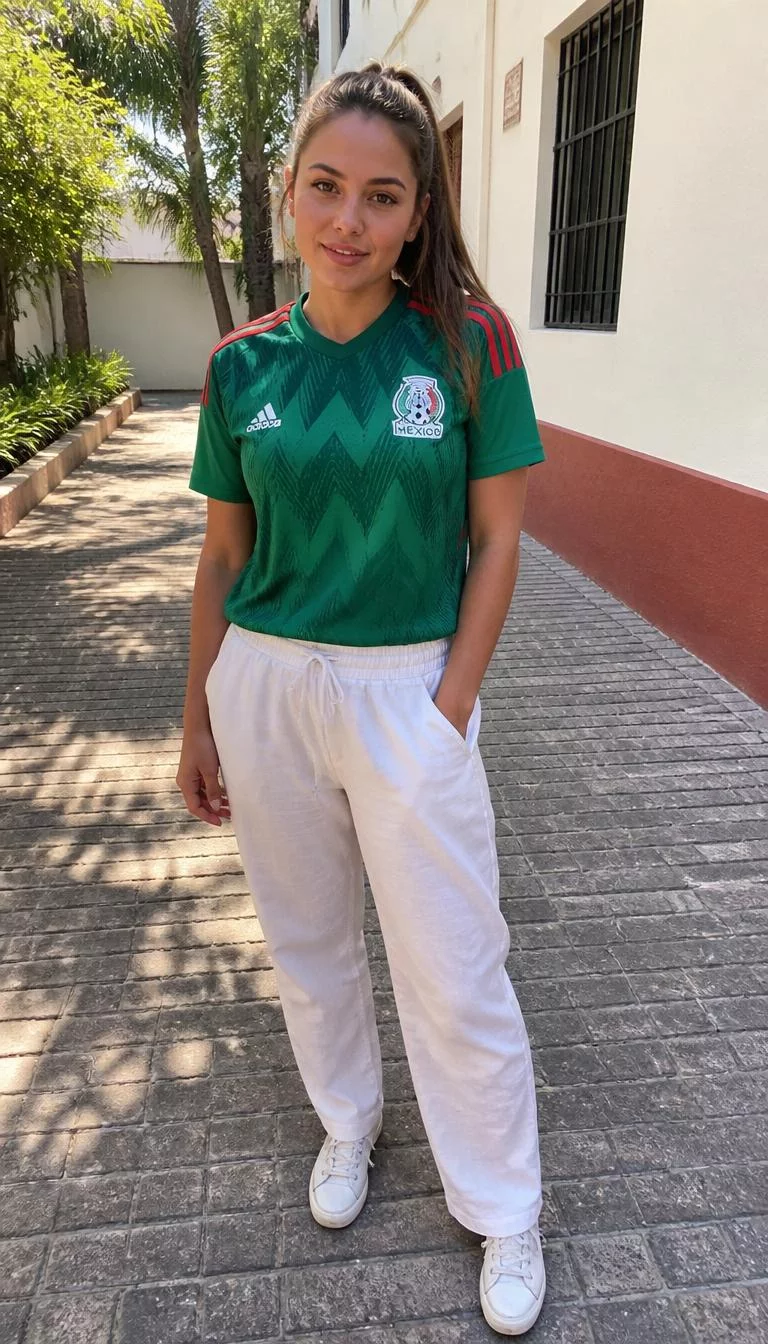 Mexico Soccer Jersey and White Trousers A photorealistic full body shot of a 23-year-old Eastern European woman with a square face, tan, straight nose, straight eyebrows, and full lips. Her face features uneven eyebrows, subtle acne marks, and subtle natural facial asymmetry. She has downturned blue eyes, rounded cheeks, subtle smile, cheerful. She is athletic build with brown hair in a long ponytail hair and is wearing a Mexico soccer jersey and white trousers, sunny outdoor settings, no people in the background, high-quality mobile photography, shot on an iPhone 14.