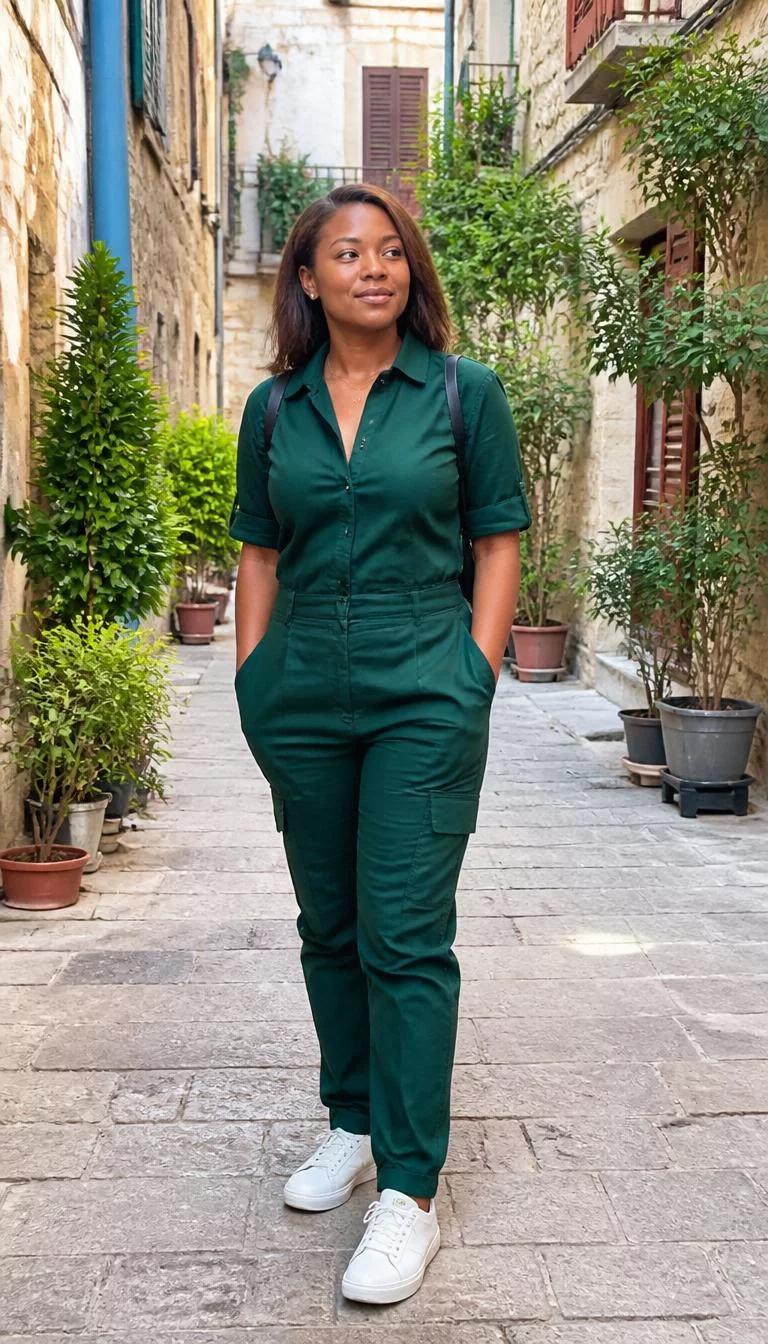 Dark Green Jumpsuit A photorealistic full body shot of a 31-year-old Black African woman with a oval face, fair, narrow nose, straight eyebrows, and thin lips. Her face features small scar on the eyebrow, faint under-eye shadows, and subtle natural facial asymmetry. She has deep-set blue eyes, soft cheekbones, broad smile, thoughtful. She is average build with shoulder-length brown hair hair and is wearing a dark green jumpsuit, a sunny plant-filled European-style street during the day, no people in the background, high-quality mobile photography, shot on an iPhone 14.