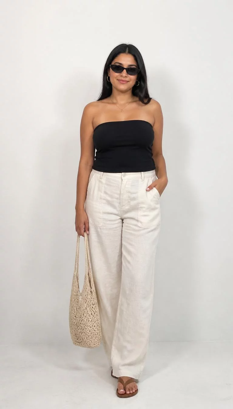 Black Tube Top and Cream Linen Trousers A photorealistic full body shot of a 34-year-old South Asian woman with a pear-shaped face, olive, straight nose, thick natural eyebrows, and heart-shaped lips. Her face features faint freckles across the nose, light freckles, and subtle natural facial asymmetry. She has monolid green eyes, soft cheekbones, closed-mouth smile, cheerful. She is curvy build with dark hair and is wearing a black tube top, cream-colored linen trousers, a beige crochet tote, gold jewelry, black sunglasses, and brown sandals, white background, no people in the background, high-quality mobile photography, shot on an iPhone 14.