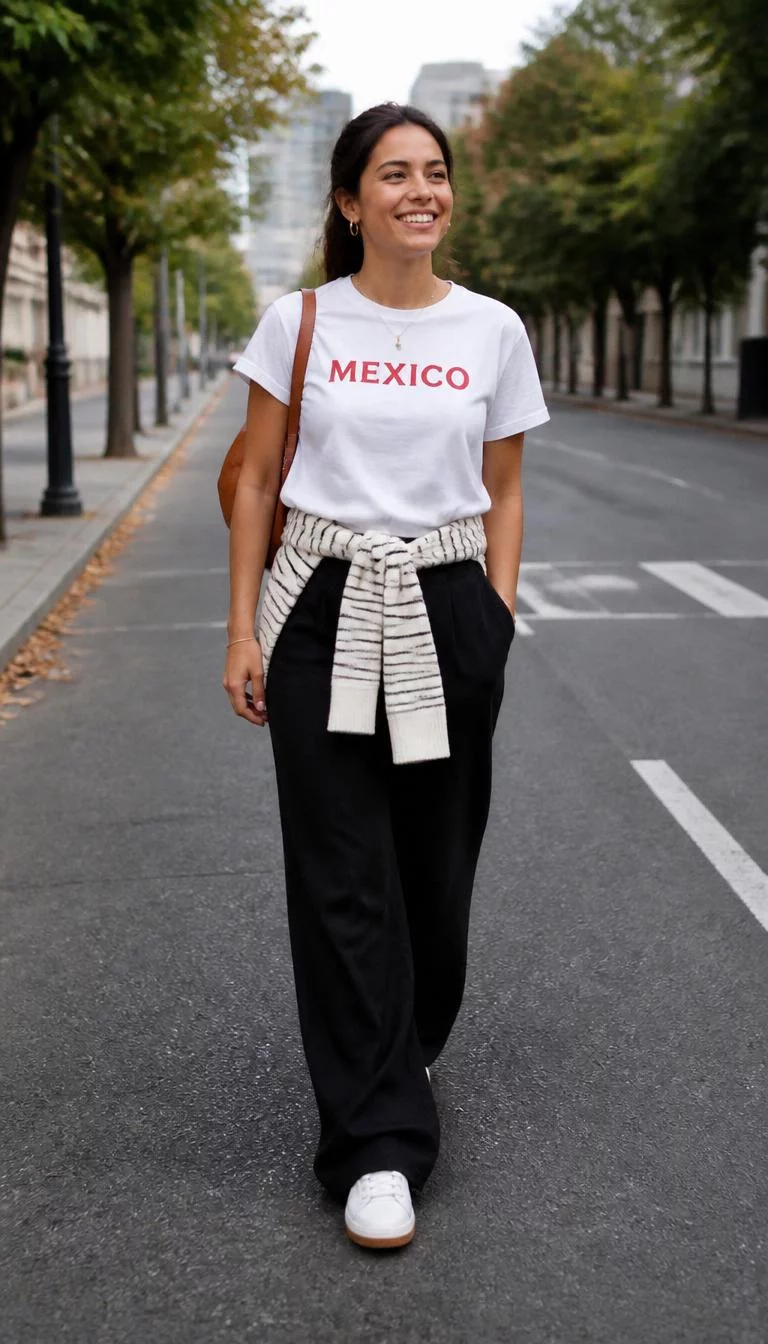 White Mexico T-shirt and Black Trousers A photorealistic full body shot of a 37-year-old Mixed-race woman with a oval face, golden brown, button nose, thin arched eyebrows, and full lips. Her face features faint freckles across the nose, slightly flushed cheeks, and subtle natural facial asymmetry. She has hooded amber eyes, rounded cheeks, broad smile, cheerful. She is slim with dark hair hair and is wearing a white Mexico t-shirt, black wide-leg trousers, and a striped sweater tied around her waist, walking on a city road, no people in the background, high-quality mobile photography, shot on an iPhone 14.