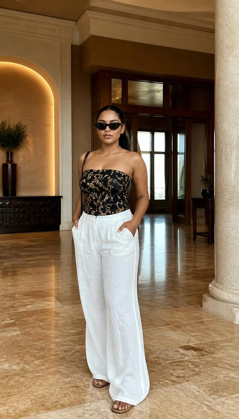 Patterned Tube Top and White Linen Pants A photorealistic full body shot of a 29-year-old Mixed-race woman with a round face, light, narrow nose, thick natural eyebrows, and wide lips. Her face features small scar on the eyebrow, subtle acne marks, and subtle natural facial asymmetry. She has almond-shaped amber eyes, high cheekbones, neutral expression, confident. She is curvy build with dark hair in a ponytail hair and is wearing a black and gold patterned tube top with white linen trousers, dark sunglasses, and a gold necklace, an elegant room, no people in the background, high-quality mobile photography, shot on an iPhone 14.