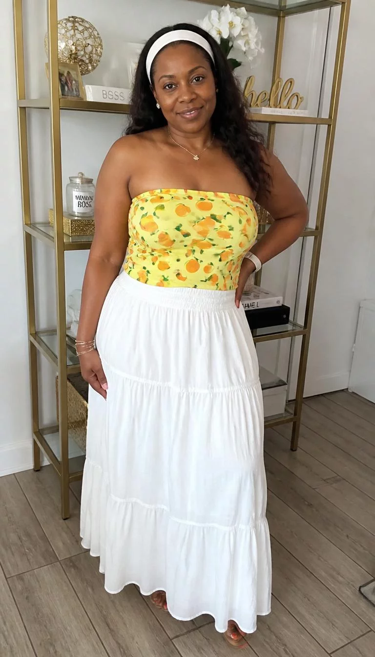 A photorealistic full body shot of a 48-year-old Black African woman with a diamond face, deep brown, straight nose, thin arched eyebrows, and thin lips. Her face features uneven eyebrows, faint under-eye shadows, and subtle natural facial asymmetry. She has deep-set gray eyes, pronounced cheekbones, broad smile, playful. She is curvy build with dark hair styled with a white headband hair and is wearing a yellow peach-print tube top and a tiered long white skirt, inside a room with a gold shelf, everyday social media post aesthetic, high-quality mobile photography, shot on an iPhone 14.
