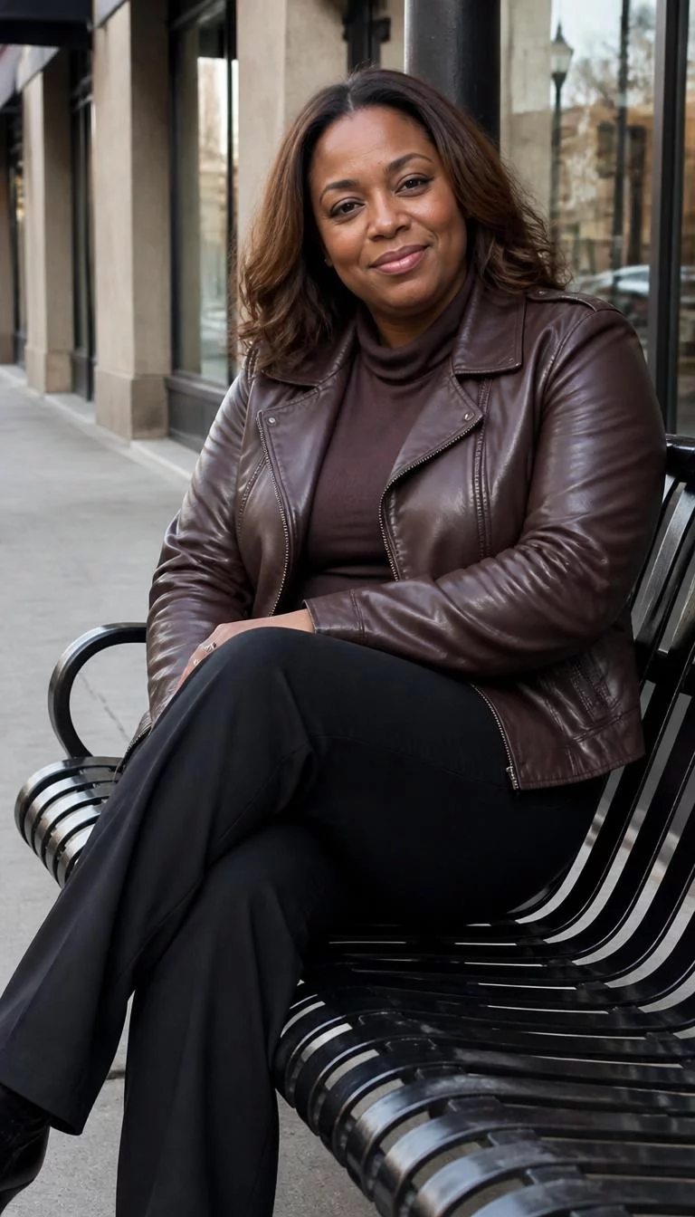 Leather Jacket and Chocolate Turtleneck A photorealistic full body shot of a 43-year-old Black African woman with a round face, fair, upturned nose, thin arched eyebrows, and wide lips. Her face features dimples, a few laugh lines, and subtle natural facial asymmetry. She has hooded amber eyes, high cheekbones, subtle smile, relaxed. She is athletic build with wavy brown hair and is wearing a dark brown leather jacket, a chocolate turtleneck, and black trousers, seated on a city sidewalk bench, no people in the background, high-quality mobile photography, shot on an iPhone 14.