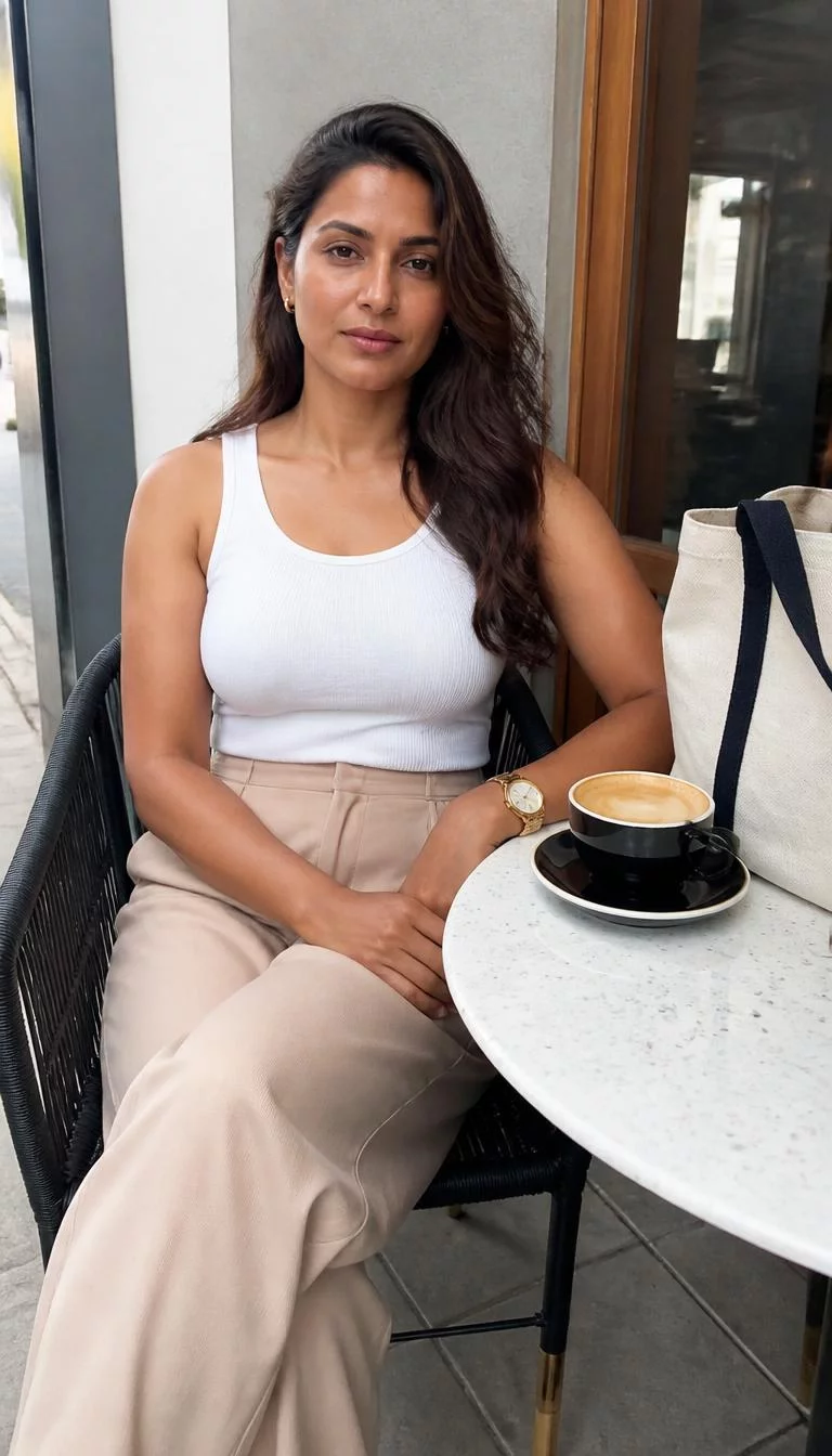 White Ribbed Tank and Beige Trousers at the Cafe A photorealistic full body shot of a 33-year-old South Asian woman with a pear-shaped face, deep brown, broad nose, feathered eyebrows, and wide lips. Her face features widow's peak hairline, a few laugh lines, and subtle natural facial asymmetry. She has upturned gray eyes, high cheekbones, neutral expression, confident. She is athletic build with brown long wavy hair hair and is wearing a white ribbed tank top, beige trousers, and a gold watch, sitting at a cafe table with a coffee and a tote bag, no people in the background, high-quality mobile photography, shot on an iPhone 14.