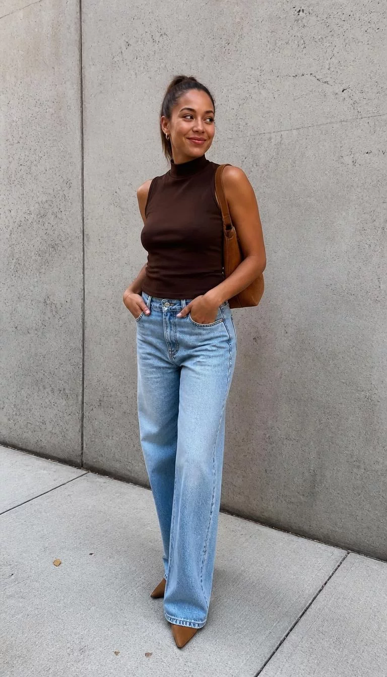 Chocolate Mock Neck and Light Wash Jeans A photorealistic full body shot of a 33-year-old Mixed-race woman with a oval face, golden brown, aquiline nose, thin arched eyebrows, and full lips. Her face features slightly crooked smile, slightly flushed cheeks, and subtle natural facial asymmetry. She has downturned green eyes, high cheekbones, broad smile, playful. She is average build with light brown high ponytail hair and is wearing a chocolate brown sleeveless mock-neck top, loose-fit light wash blue jeans, and a suede bag, concrete wall, no people in the background, high-quality mobile photography, shot on an iPhone 14.