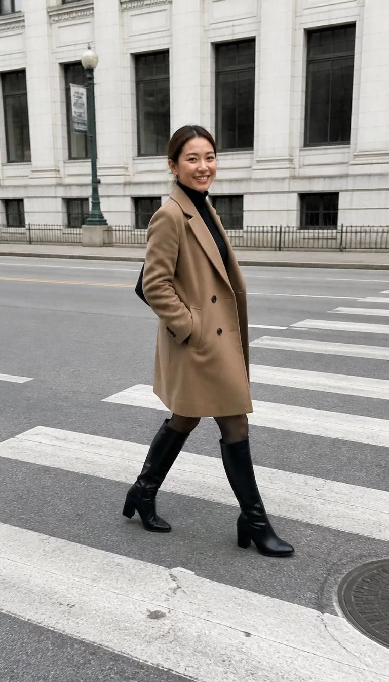 Tan Coat and High Knee Boots A photorealistic full body shot of a 28-year-old East Asian woman with a round face, dark brown, narrow nose, straight eyebrows, and thin lips. Her face features dimples, a few laugh lines, and subtle natural facial asymmetry. She has hooded green eyes, pronounced cheekbones, broad smile, cheerful. She is petite with brown hair tied back hair and is wearing a black turtleneck, a tan double-breasted coat, sheer black tights, and black high-knee leather boots, crossing a street, no people in the background, high-quality mobile photography, shot on an iPhone 14.