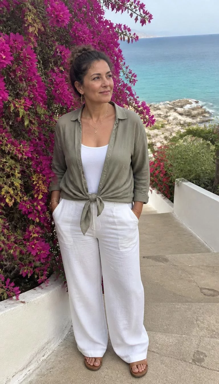 Olive Linen Shirt and White Trousers A photorealistic full body shot of a 49-year-old Middle Eastern woman with a diamond face, tan, button nose, softly curved eyebrows, and full lips. Her face features faint freckles across the nose, slightly flushed cheeks, and subtle natural facial asymmetry. She has almond-shaped green eyes, rounded cheeks, broad smile, thoughtful. She is average build with brown messy bun hair and is wearing an olive linen shirt tied at the waist, a white camisole, and white linen trousers, near bougainvillea and the sea, no people in the background, high-quality mobile photography, shot on an iPhone 14.