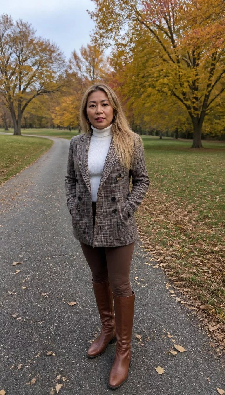 Plaid Blazer and Leather Boots in the Park A photorealistic full body shot of a 47-year-old Latina woman with a oval face, golden brown, aquiline nose, feathered eyebrows, and wide lips. Her face features gap between front teeth, faint under-eye shadows, and subtle natural facial asymmetry. She has monolid hazel eyes, rounded cheeks, neutral expression, relaxed. She is average build with blonde long hair hair and is wearing a plaid blazer, white turtleneck, brown tights, and knee-high leather boots, park with autumn foliage, no people in the background, high-quality mobile photography, shot on an iPhone 14.
