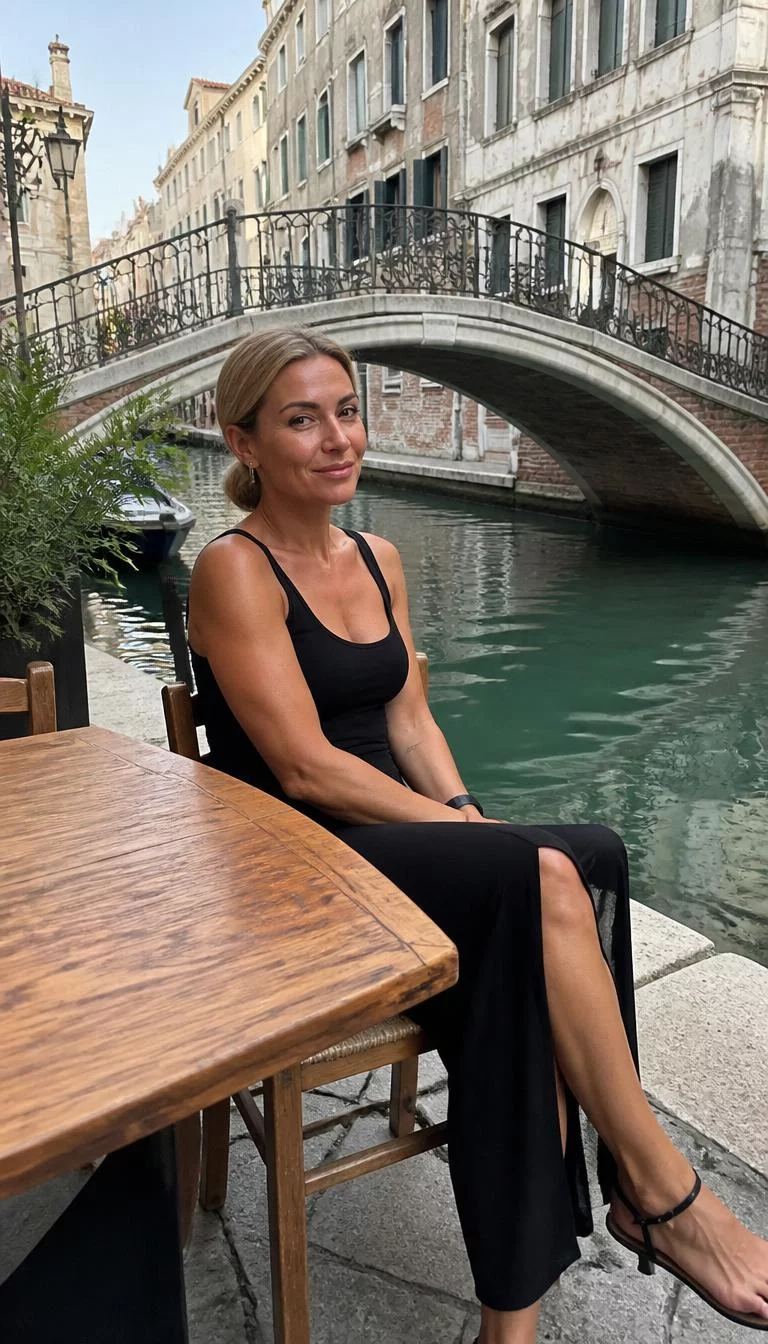 Black Sleeveless Top at the Canal A photorealistic full body shot of a 41-year-old Eastern European woman with a pear-shaped face, tan, aquiline nose, thick natural eyebrows, and heart-shaped lips. Her face features slightly crooked smile, visible pores, and subtle natural facial asymmetry. She has deep-set amber eyes, pronounced cheekbones, closed-mouth smile, relaxed. She is petite with blonde low bun hair and is wearing a black sleeveless top, sitting at a wooden table near a bridge in an Italian canal setting, no people in the background, high-quality mobile photography, shot on an iPhone 14.
