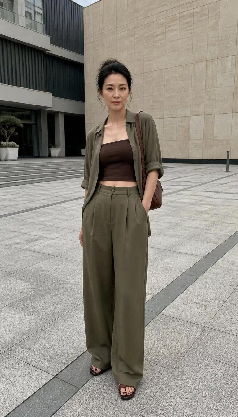 Olive Shirt and Brown Tube Top A photorealistic full body shot of a 39-year-old East Asian woman with a oval face, fair, narrow nose, feathered eyebrows, and heart-shaped lips. Her face features small scar on the eyebrow, faint under-eye shadows, and subtle natural facial asymmetry. She has monolid blue eyes, high cheekbones, neutral expression, confident. She is slim with dark hair updo hair and is wearing an olive green shirt open over a brown tube top, matching olive wide-leg trousers, and a brown leather bag, plaza background, no people in the background, high-quality mobile photography, shot on an iPhone 14.