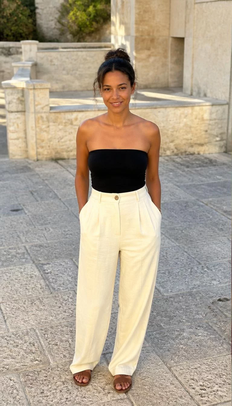 Black Tube Top and Cream Wide Leg Trousers A photorealistic full body shot of a 31-year-old Mixed-race woman with a oval face, light, broad nose, thin arched eyebrows, and thin lips. Her face features slightly crooked smile, light freckles, and subtle natural facial asymmetry. She has downturned gray eyes, rounded cheeks, closed-mouth smile, cheerful. She is petite with dark hair updo hair and is wearing a black strapless tube top, high-waisted cream wide-leg trousers, and brown sandals, sun-drenched stone terrace, no people in the background, high-quality mobile photography, shot on an iPhone 14.