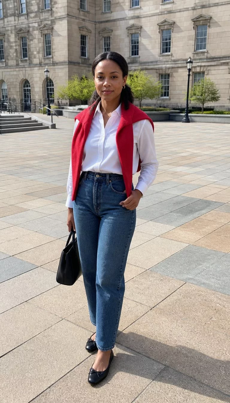 White Button Down and Jeans with Red Sweater A photorealistic full body shot of a 39-year-old Black African woman with a heart-shaped face, fair, straight nose, softly curved eyebrows, and thin lips. Her face features beauty mark near the lip, visible pores, and subtle natural facial asymmetry. She has deep-set gray eyes, soft cheekbones, neutral expression, cheerful. She is petite with brunette low ponytail hair and is wearing a classic white button-down, high-waisted blue jeans, a red sweater draped over her shoulders, and black ballet flats, urban square, no people in the background, high-quality mobile photography, shot on an iPhone 14.