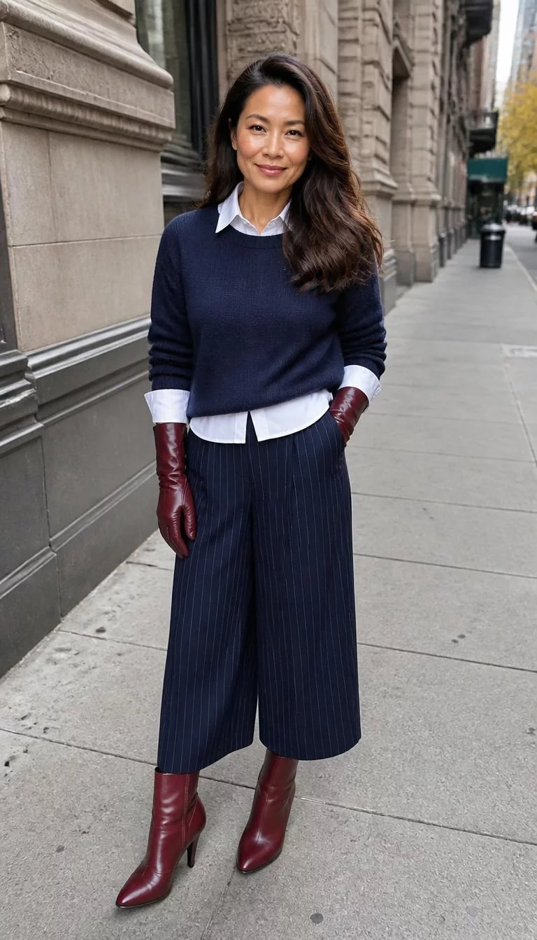 Navy Pinstripe Culottes and Burgundy Boots A photorealistic full body shot of a 48-year-old East Asian woman with a heart-shaped face, deep brown, broad nose, thick natural eyebrows, and full lips. Her face features widow's peak hairline, faint under-eye shadows, and subtle natural facial asymmetry. She has monolid amber eyes, rounded cheeks, closed-mouth smile, cheerful. She is slim with brunette elegant hair hair and is wearing a navy blue long-sleeve top over a white collared shirt, navy pinstriped culottes, burgundy leather gloves, and matching heeled boots, city background, no people in the background, high-quality mobile photography, shot on an iPhone 14.