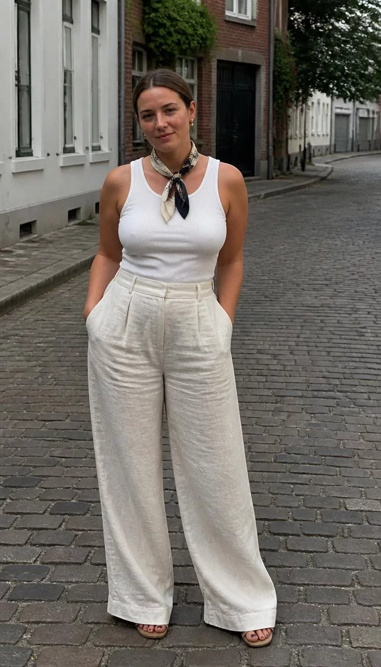 White Ribbed Tank and Linen Trousers with Silk Scarf A photorealistic full body shot of a 33-year-old Northern European woman with a oblong face, deep brown, narrow nose, straight eyebrows, and thin lips. Her face features faint freckles across the nose, subtle acne marks, and subtle natural facial asymmetry. She has downturned blue eyes, soft cheekbones, broad smile, relaxed. She is curvy build with brown sleek low bun hair and is wearing a white ribbed tank top, linen white wide-leg trousers, and a silk scarf tied around her neck, cobblestone street, no people in the background, high-quality mobile photography, shot on an iPhone 14.