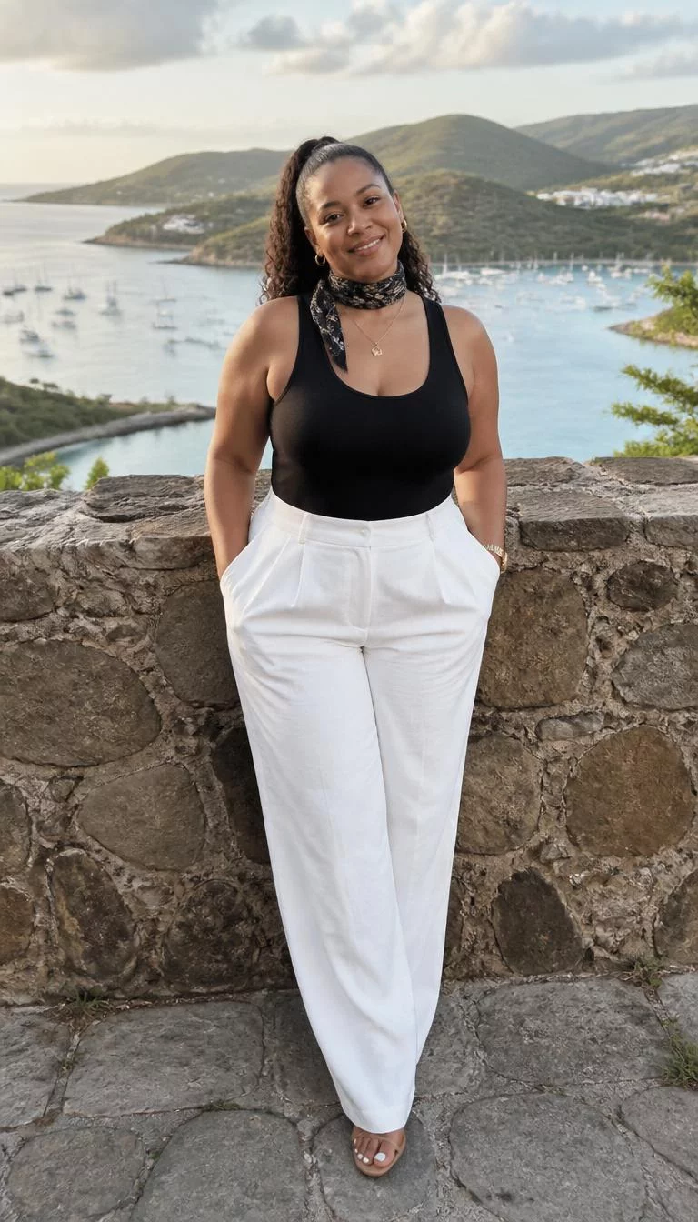 Black Tank Top with Neck Scarf and Gold Jewelry A photorealistic full body shot of a 44-year-old Afro-Caribbean woman with a pear-shaped face, deep brown, button nose, softly curved eyebrows, and wide lips. Her face features uneven eyebrows, a few laugh lines, and subtle natural facial asymmetry. She has downturned brown eyes, soft cheekbones, closed-mouth smile, confident. She is curvy build with brown ponytail hair and is wearing a black tank with a neck scarf, white wide-leg trousers, and gold jewelry, stone wall overlooking a scenic harbor, no people in the background, high-quality mobile photography, shot on an iPhone 14.