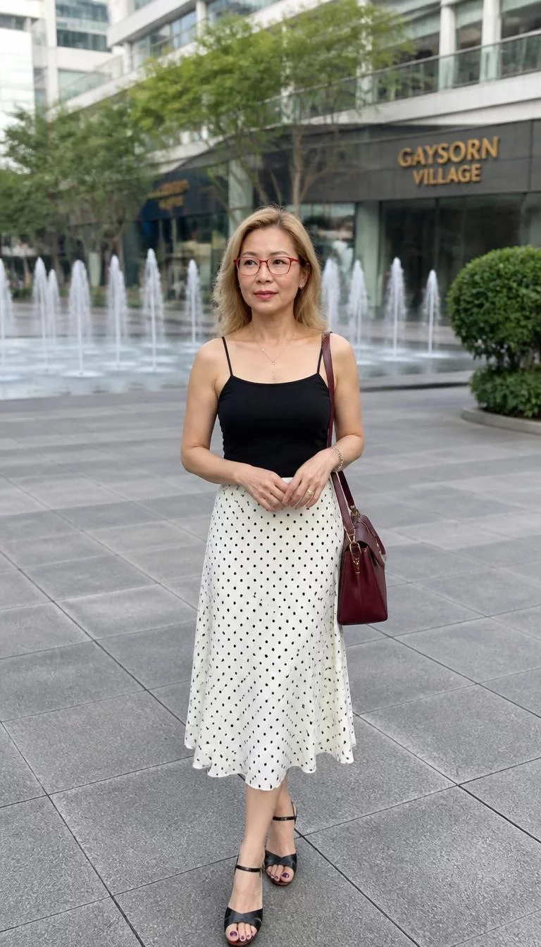 Black Camisole and Polka Dot Midi Skirt A photorealistic full body shot of a 45-year-old East Asian woman with a diamond face, light, straight nose, feathered eyebrows, and heart-shaped lips. Her face features widow's peak hairline, faint under-eye shadows, and subtle natural facial asymmetry. She has monolid amber eyes, pronounced cheekbones, neutral expression, cheerful. She is petite with blonde loose waves hair and is wearing a black camisole, a white polka-dot midi skirt, and carries a maroon handbag, red-framed glasses, busy urban square, no people in the background, high-quality mobile photography, shot on an iPhone 14.