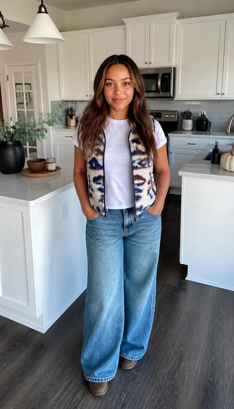 A photorealistic full body shot of a 24-year-old Afro-Caribbean woman with a round face, light, narrow nose, thick natural eyebrows, and full lips. Her face features gap between front teeth, light freckles, and subtle natural facial asymmetry. She has round blue eyes, soft cheekbones, neutral expression, cheerful. She is average build with brown long layered hair and is wearing a white t-shirt, a patterned fleece vest, and wide-leg denim jeans, home kitchen setting, no people in the background, high-quality mobile photography, shot on an iPhone 14.