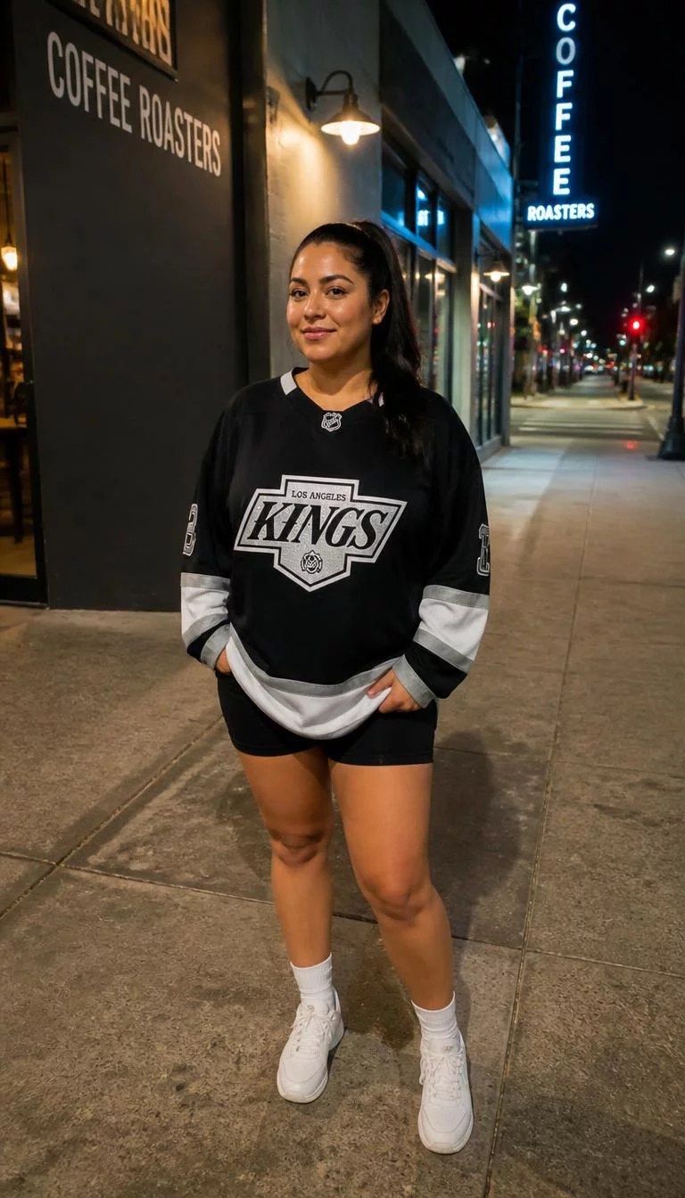 A photorealistic full body shot of a 34-year-old Latina woman with a oval face, golden brown, button nose, thick natural eyebrows, and full lips. Her face features small scar on the eyebrow, a few laugh lines, and subtle natural facial asymmetry. She has almond-shaped dark brown eyes, rounded cheeks, broad smile, confident. She is curvy build with dark hair in a high ponytail and is wearing an oversized hockey jersey and black shorts, city street at night near a coffee roaster, no people in the background, high-quality mobile photography, shot on an iPhone 14.