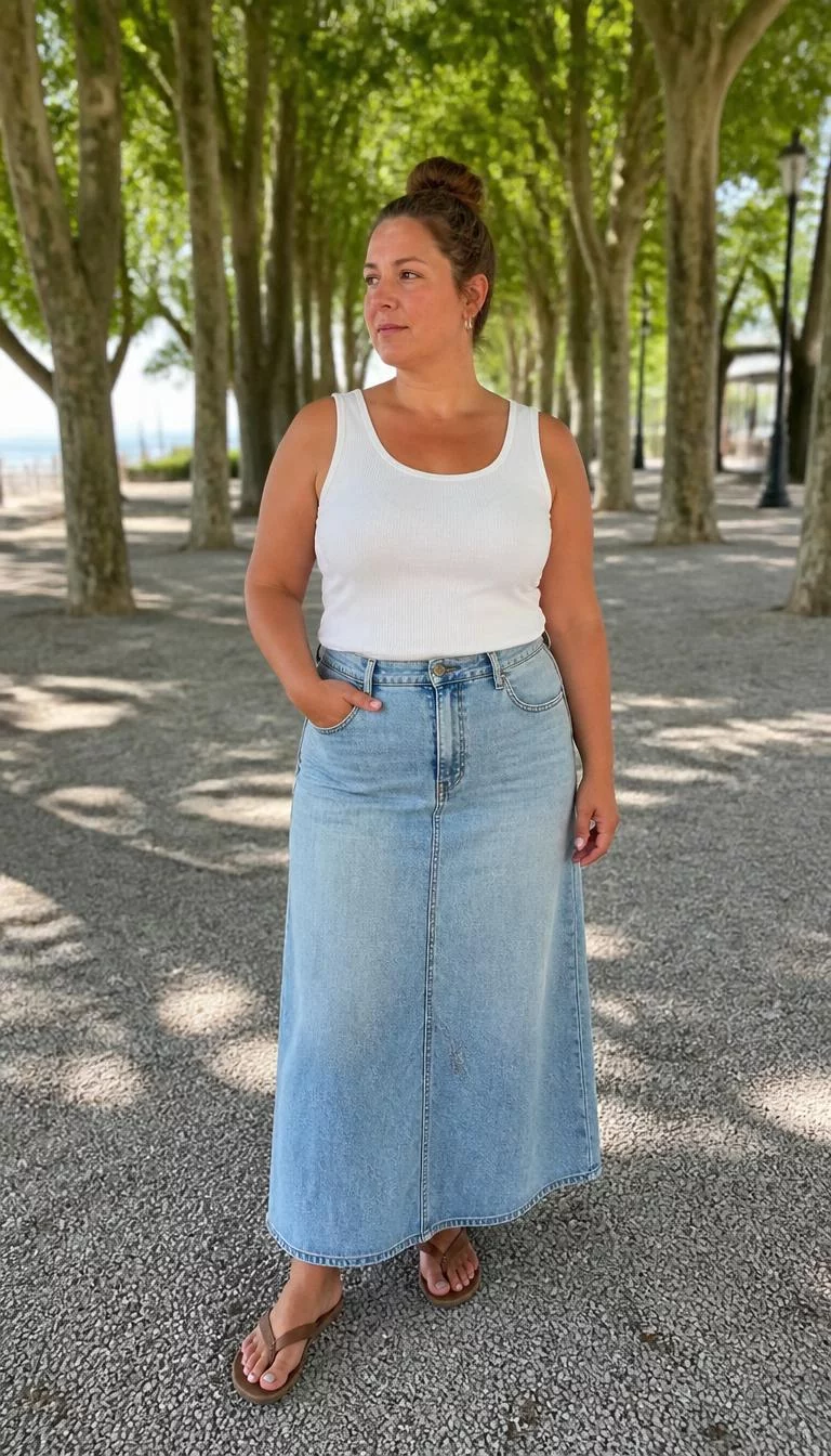 A photorealistic full body shot of a 46-year-old Northern European woman with a oblong face, olive, button nose, feathered eyebrows, and full lips. Her face features beauty mark near the lip, subtle acne marks, and subtle natural facial asymmetry. She has round brown eyes, rounded cheeks, neutral expression, thoughtful. She is curvy build with chestnut brown hair in a bun and is wearing a white tank top, a long light-wash denim skirt, and brown thong sandals, sunny outdoor, tree-lined setting, no people in the background, high-quality mobile photography, shot on an iPhone 14.