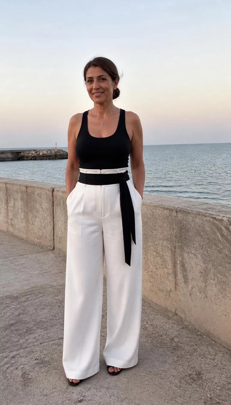 Black Tank And High Waisted White Wide Leg Trousers A photorealistic full body shot of a 45-year-old Middle Eastern woman with a oblong face, dark brown, button nose, thin arched eyebrows, and thin lips. Her face features beauty mark near the lip, visible pores, and subtle natural facial asymmetry. She has deep-set dark brown eyes, rounded cheeks, subtle smile, cheerful. She is slim with honey-toned hair in a low bun hair and is wearing a black tank top, high-waisted white wide-leg trousers, and a black waist tie belt, harbor wall with the sea in the background, no people in the background, high-quality mobile photography, shot on an iPhone 14.