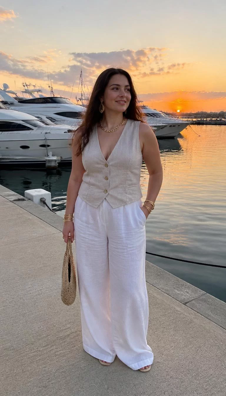 Linen Vest And Wide Leg Trousers With Gold Jewelry A photorealistic full body shot of a 24-year-old Northern European woman with a heart-shaped face, fair, broad nose, thick natural eyebrows, and wide lips. Her face features slightly crooked smile, visible pores, and subtle natural facial asymmetry. She has hooded hazel eyes, rounded cheeks, neutral expression, playful. She is average build with long wavy dark hair hair and is wearing a beige linen vest, white wide-leg trousers, and statement gold jewelry, standing on a concrete yacht dock at sunset, no people in the background, high-quality mobile photography, shot on an iPhone 14.