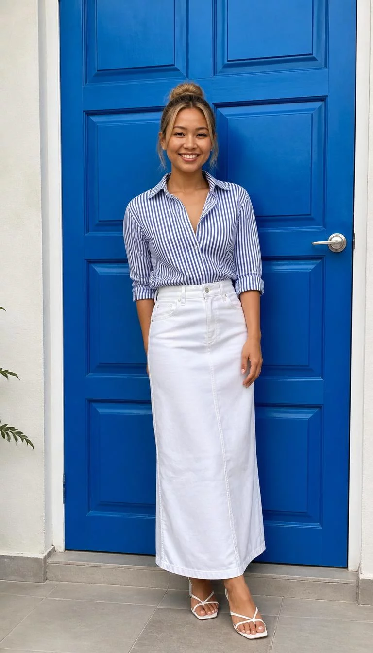 Striped Collared Shirt And Long White Skirt A photorealistic full body shot of a 26-year-old Southeast Asian woman with a square face, tan, narrow nose, softly curved eyebrows, and heart-shaped lips. Her face features faint freckles across the nose, slightly flushed cheeks, and subtle natural facial asymmetry. She has hooded blue eyes, high cheekbones, broad smile, cheerful. She is average build with blonde highlighted hair in an updo hair and is wearing a navy-and-white striped collared shirt tucked into a high-waisted long white skirt, posed against a vibrant blue door, no people in the background, high-quality mobile photography, shot on an iPhone 14.