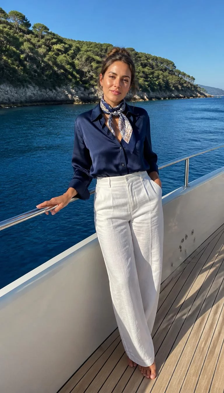 Navy Silk Shirt And White Linen Trousers A photorealistic full body shot of a 35-year-old Latina woman with a pear-shaped face, dark brown, rounded nose, softly curved eyebrows, and heart-shaped lips. Her face features uneven eyebrows, visible pores, and subtle natural facial asymmetry. She has upturned hazel eyes, pronounced cheekbones, closed-mouth smile, relaxed. She is slim with brunette hair in an updo hair and is wearing a navy silk button-down shirt, a silk neck scarf, and white linen trousers, relaxing on a yacht with a coastal background, no people in the background, high-quality mobile photography, shot on an iPhone 14.