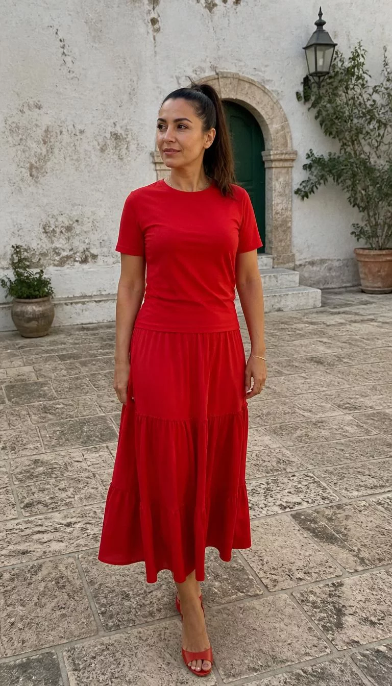 Monochrome Red Set with Tiered Midi Skirt A photorealistic full body shot of a 38-year-old Mediterranean woman with a oblong face, olive, narrow nose, thin arched eyebrows, and full lips. Her face features slightly crooked smile, a few laugh lines, and subtle natural facial asymmetry. She has almond-shaped gray eyes, rounded cheeks, subtle smile, thoughtful. She is average build with brunette hair in a high ponytail hair and is wearing a red short-sleeved top, a tiered red midi-length skirt, and red heels, outdoors in a Mediterranean courtyard, no people in the background, high-quality mobile photography, shot on an iPhone 14.