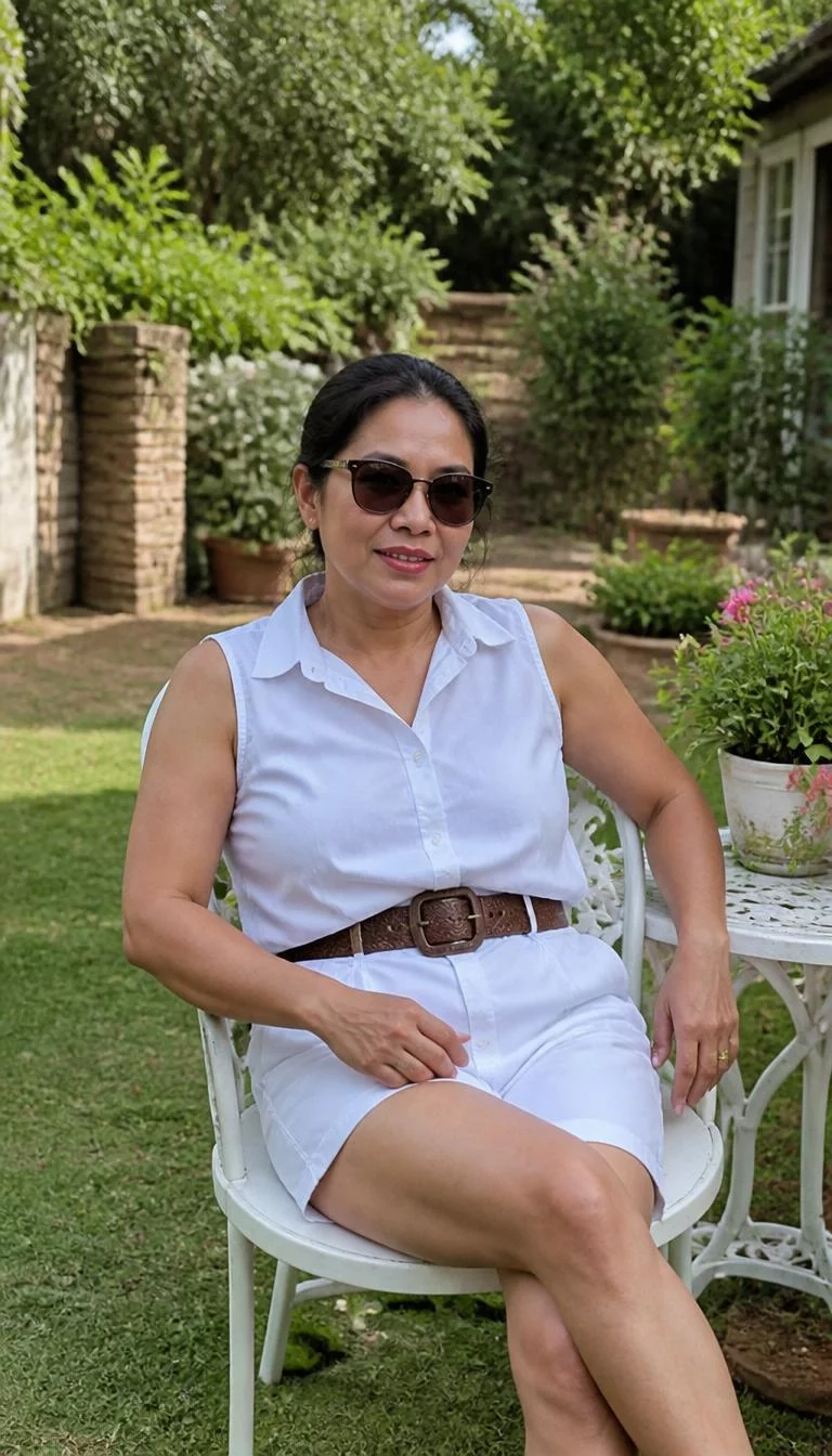 White Linen Shorts And A Wide Leather Belt A photorealistic full body shot of a 49-year-old Southeast Asian woman with a oval face, deep brown, rounded nose, softly curved eyebrows, and full lips. Her face features widow's peak hairline, faint under-eye shadows, and subtle natural facial asymmetry. She has monolid dark brown eyes, rounded cheeks, broad smile, confident. She is average build with black hair in a low bun hair and is wearing a sleeveless white button-down shirt tucked into white linen shorts, a wide brown leather belt, and dark sunglasses, sitting in a garden, no people in the background, high-quality mobile photography, shot on an iPhone 14.