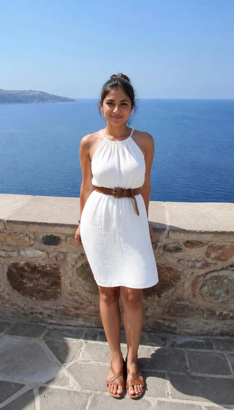 Halter Neck Dress With Tan Accessories A photorealistic full body shot of a 25-year-old South Asian woman with a oblong face, light, rounded nose, softly curved eyebrows, and wide lips. Her face features widow's peak hairline, a few laugh lines, and subtle natural facial asymmetry. She has downturned brown eyes, pronounced cheekbones, subtle smile, cheerful. She is petite with brunette hair in a messy updo hair and is wearing a sleeveless white halter-neck dress, a brown belt, and tan sandals, stone terrace overlooking the sea, no people in the background, high-quality mobile photography, shot on an iPhone 14.