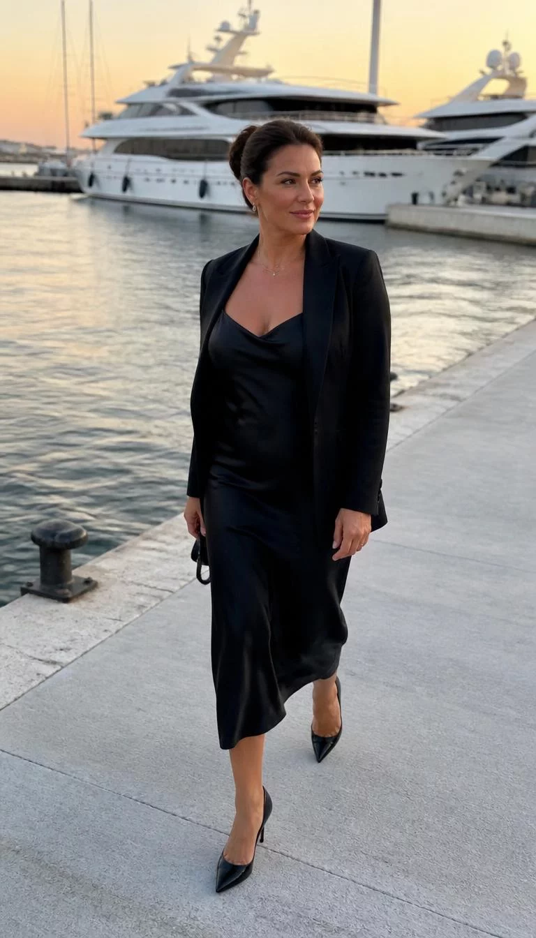 Slip Dress And Blazer For The Harbor Walkway A photorealistic full body shot of a 49-year-old Eastern European woman with a oval face, deep brown, narrow nose, feathered eyebrows, and full lips. Her face features dimples, faint under-eye shadows, and subtle natural facial asymmetry. She has monolid amber eyes, pronounced cheekbones, closed-mouth smile, confident. She is curvy build with brunette hair in a sleek bun hair and is wearing a black silk slip dress and a black blazer, walking on a harbor walkway, no people in the background, high-quality mobile photography, shot on an iPhone 14.