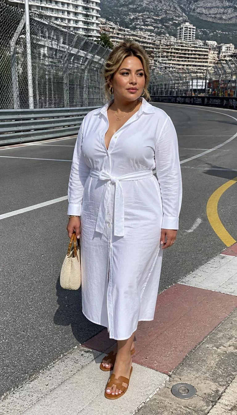 White Midi Shirt Dress For The Grand Prix A photorealistic full body shot of a 37-year-old Latina woman with a pear-shaped face, deep brown, narrow nose, softly curved eyebrows, and full lips. Her face features beauty mark near the lip, slightly flushed cheeks, and subtle natural facial asymmetry. She has round gray eyes, rounded cheeks, neutral expression, confident. She is curvy build with honey-blonde hair in an elegant updo hair and is wearing a white midi shirt dress, gold earrings, and carrying a bamboo-handled bag, Monaco F1 race track background, no people in the background, high-quality mobile photography, shot on an iPhone 14.