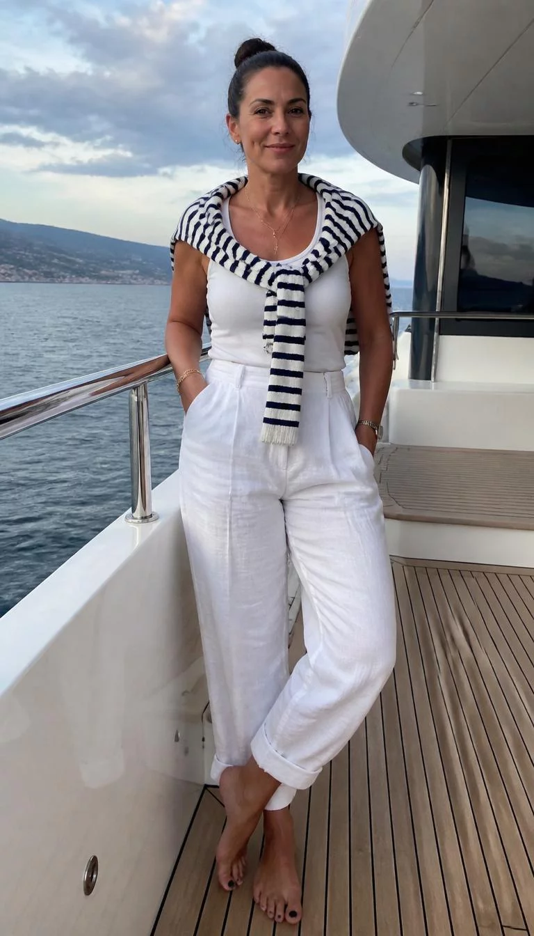 All White Look With A Draped Striped Sweater A photorealistic full body shot of a 41-year-old Southern European woman with a oblong face, golden brown, narrow nose, softly curved eyebrows, and full lips. Her face features dimples, slightly flushed cheeks, and subtle natural facial asymmetry. She has hooded gray eyes, rounded cheeks, closed-mouth smile, confident. She is athletic build with dark hair in a relaxed bun hair and is wearing a white top, white trousers, and a blue-and-white horizontal striped sweater draped over her shoulders, standing on a yacht deck, no people in the background, high-quality mobile photography, shot on an iPhone 14.