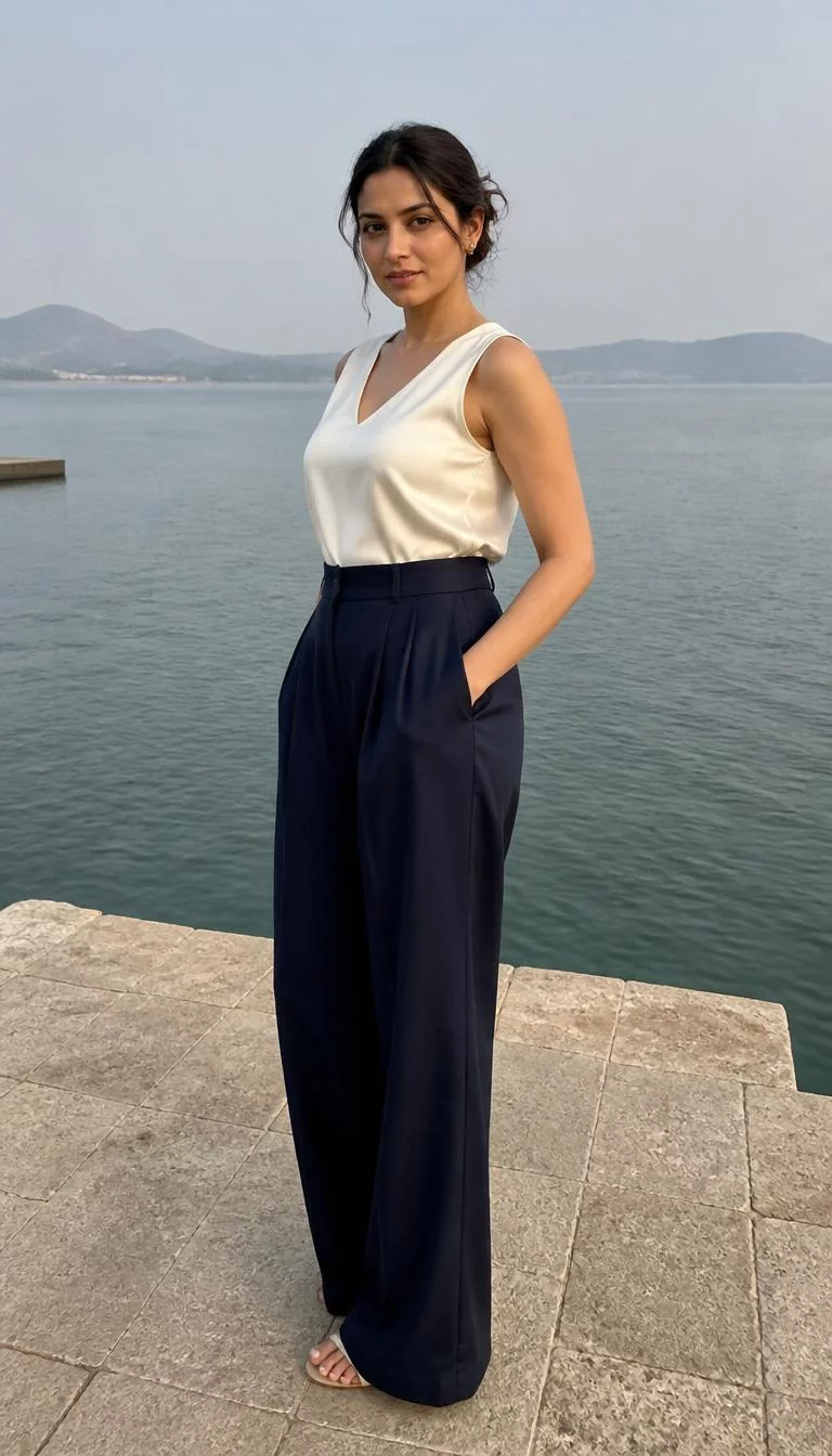 Cream Silk Blouse And Navy Wide Leg Trousers A photorealistic full body shot of a 26-year-old South Asian woman with a oval face, light, rounded nose, straight eyebrows, and thin lips. Her face features gap between front teeth, visible pores, and subtle natural facial asymmetry. She has round brown eyes, pronounced cheekbones, neutral expression, playful. She is athletic build with brunette hair in an elegant low updo hair and is wearing a sleeveless cream silk blouse tucked into high-waisted navy wide-leg trousers, stone terrace near the water, no people in the background, high-quality mobile photography, shot on an iPhone 14.