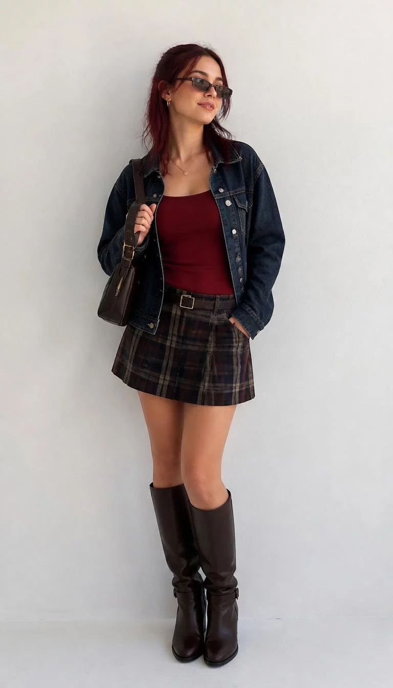 A photorealistic full body shot of a 25-year-old Northern European woman with a pear-shaped face, fair, rounded nose, softly curved eyebrows, and wide lips. Her face features beauty mark near the lip, subtle acne marks, and subtle natural facial asymmetry. She has upturned amber eyes, soft cheekbones, closed-mouth smile, thoughtful. She is average build with maroon hair and is wearing a maroon sleeveless top, dark-wash denim jacket, plaid miniskirt, brown knee-high boots, a dark handbag, and small rectangular sunglasses, white background, no people in the background, high-quality mobile photography, shot on an iPhone 14.