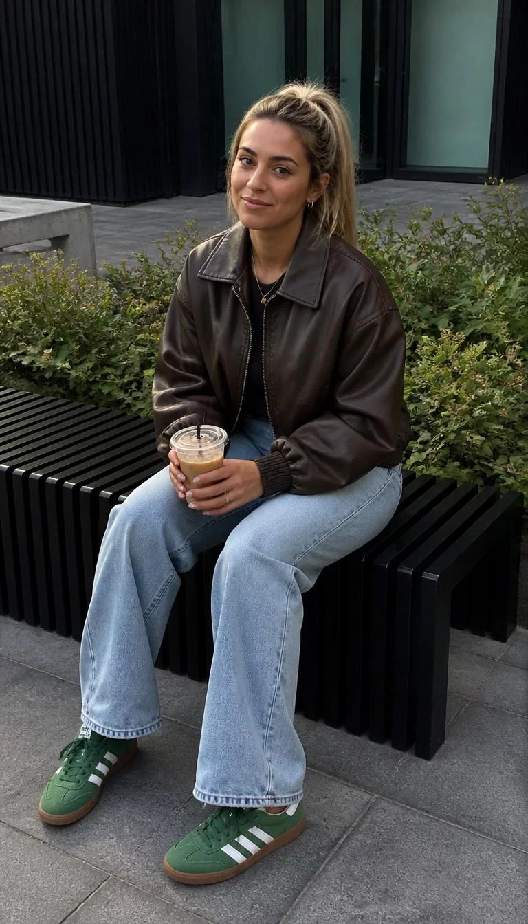 A photorealistic full body shot of a 26-year-old Middle Eastern woman with a oblong face, light, aquiline nose, thick natural eyebrows, and thin lips. Her face features slightly crooked smile, light freckles, and subtle natural facial asymmetry. She has upturned green eyes, soft cheekbones, closed-mouth smile, confident. She is average build with blonde hair in a high ponytail hair and is wearing a dark brown leather jacket, light jeans, and green Adidas sneakers, sitting on a bench while holding an iced coffee, no people in the background, high-quality mobile photography, shot on an iPhone 14.