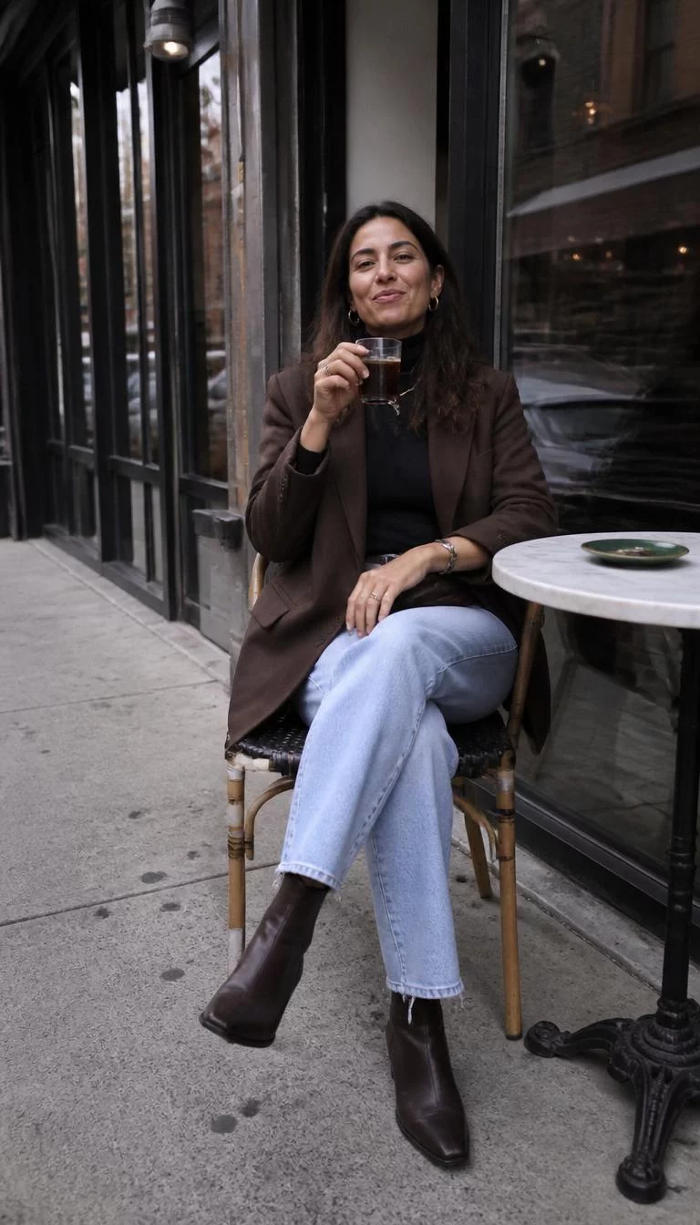 A photorealistic full body shot of a 42-year-old Latina woman with a oval face, olive, broad profile, straight eyebrows, and thin lips. Her face features faint freckles across the nose, subtle acne marks, and subtle natural facial asymmetry. She has almond-shaped hazel eyes, pronounced cheekbones, broad smile, playful. She is petite with dark brown hair and is wearing a black turtleneck under a brown blazer, light-wash straight jeans, and brown leather ankle boots, enjoying a drink at a street-side cafe, no people in the background, high-quality mobile photography, shot on an iPhone 14.