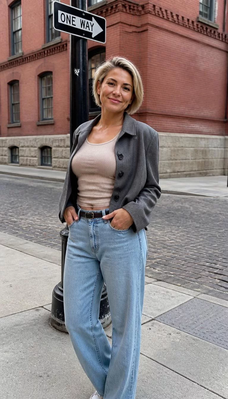 A photorealistic full body shot of a 36-year-old Mediterranean woman with a oblong face, olive, broad nose, feathered eyebrows, and thin lips. Her face features dimples, visible pores, and subtle natural facial asymmetry. She has almond-shaped green eyes, high cheekbones, subtle smile, cheerful. She is curvy build with short blonde hair hair and is wearing a grey cropped jacket, a beige top, and light-wash blue jeans, posing against a street sign and historic brick buildings, no people in the background, high-quality mobile photography, shot on an iPhone 14.