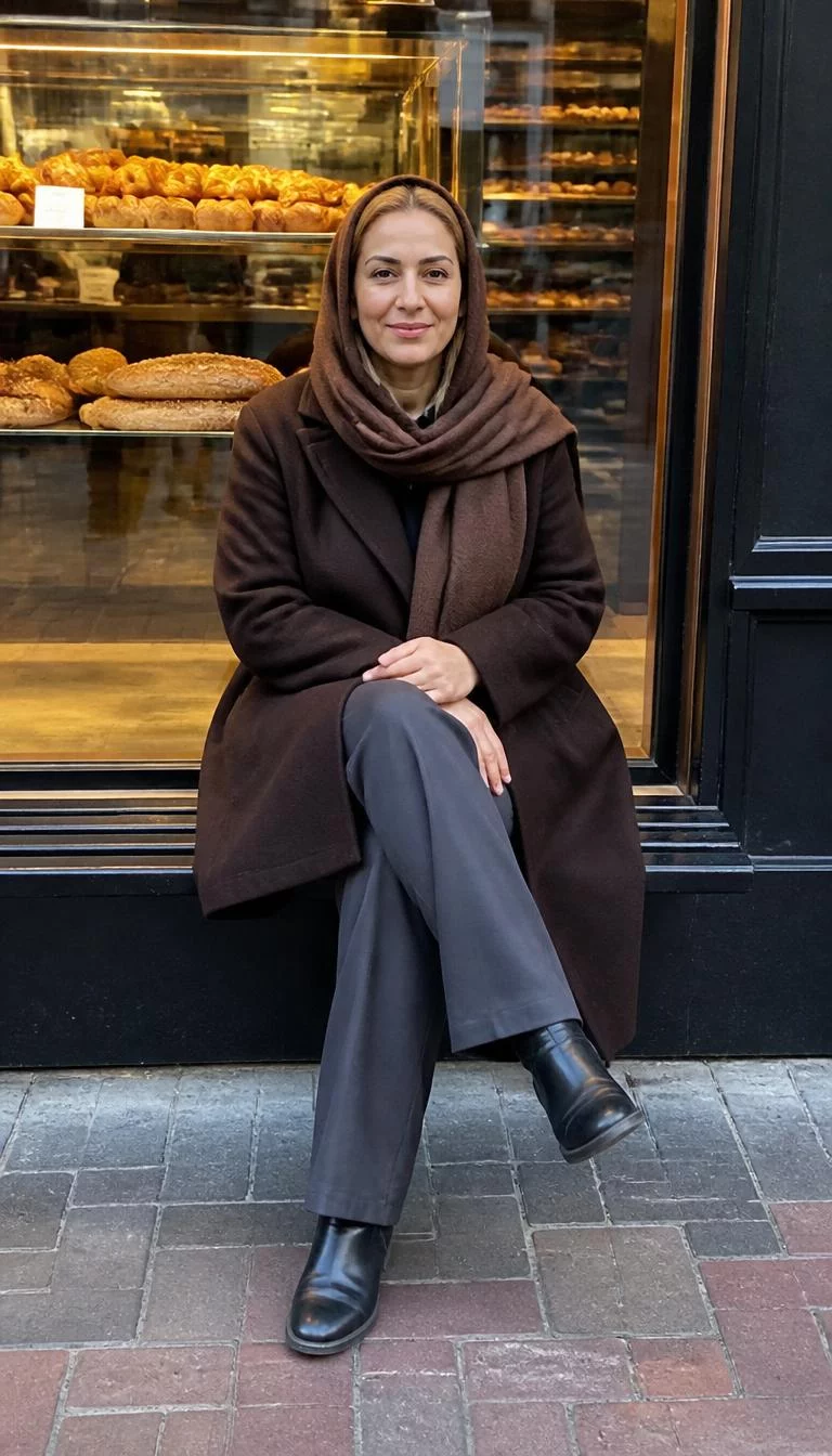 A photorealistic full body shot of a 43-year-old Middle Eastern woman with a square face, olive, button nose, straight eyebrows, and heart-shaped lips. Her face features small scar on the eyebrow, light freckles, and subtle natural facial asymmetry. She has deep-set gray eyes, rounded cheeks, closed-mouth smile, relaxed. She is average build with blonde hair hidden under a brown cap hair and is wearing a dark brown coat, a matching scarf, and grey trousers, sitting in front of a bakery window display, no people in the background, high-quality mobile photography, shot on an iPhone 14.
