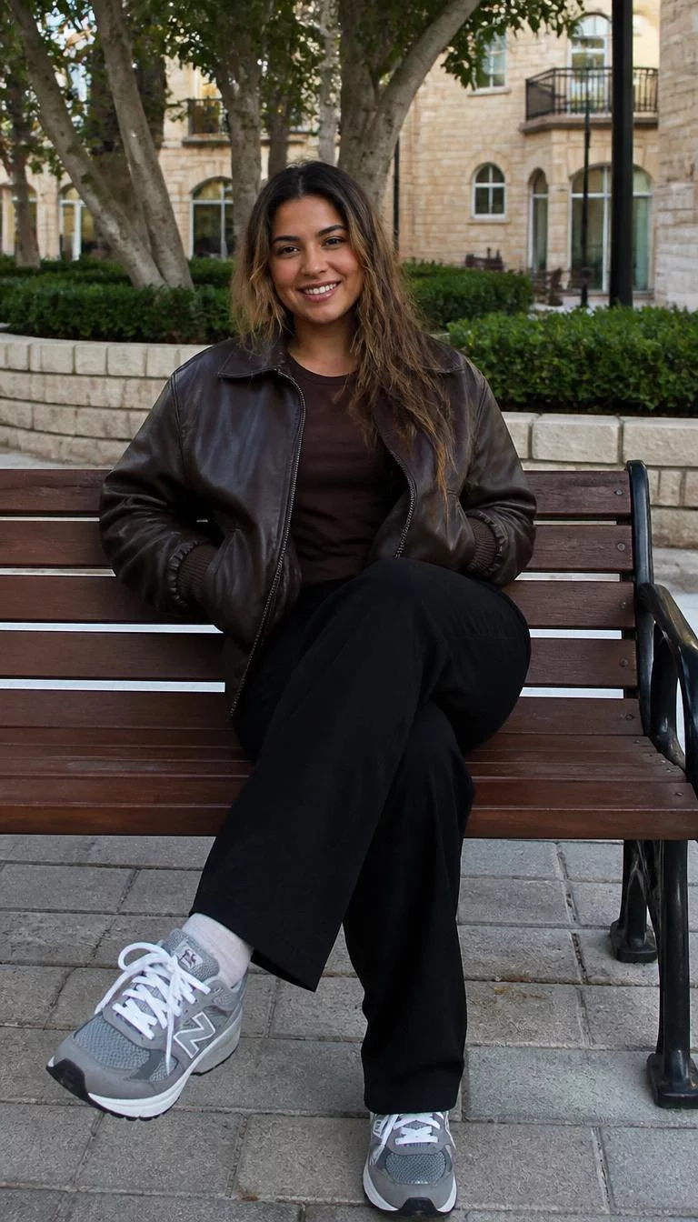 A photorealistic full body shot of a 31-year-old Middle Eastern woman with a pear-shaped face, dark brown, aquiline nose, thin arched eyebrows, and thin lips. Her face features gap between front teeth, visible pores, and subtle natural facial asymmetry. She has round dark brown eyes, soft cheekbones, broad smile, playful. She is average build with highlighted brown hair in a loose style hair and is wearing a dark brown leather bomber jacket, a matching brown top, black trousers, and grey sneakers, sitting on a bench, no people in the background, high-quality mobile photography, shot on an iPhone 14.
