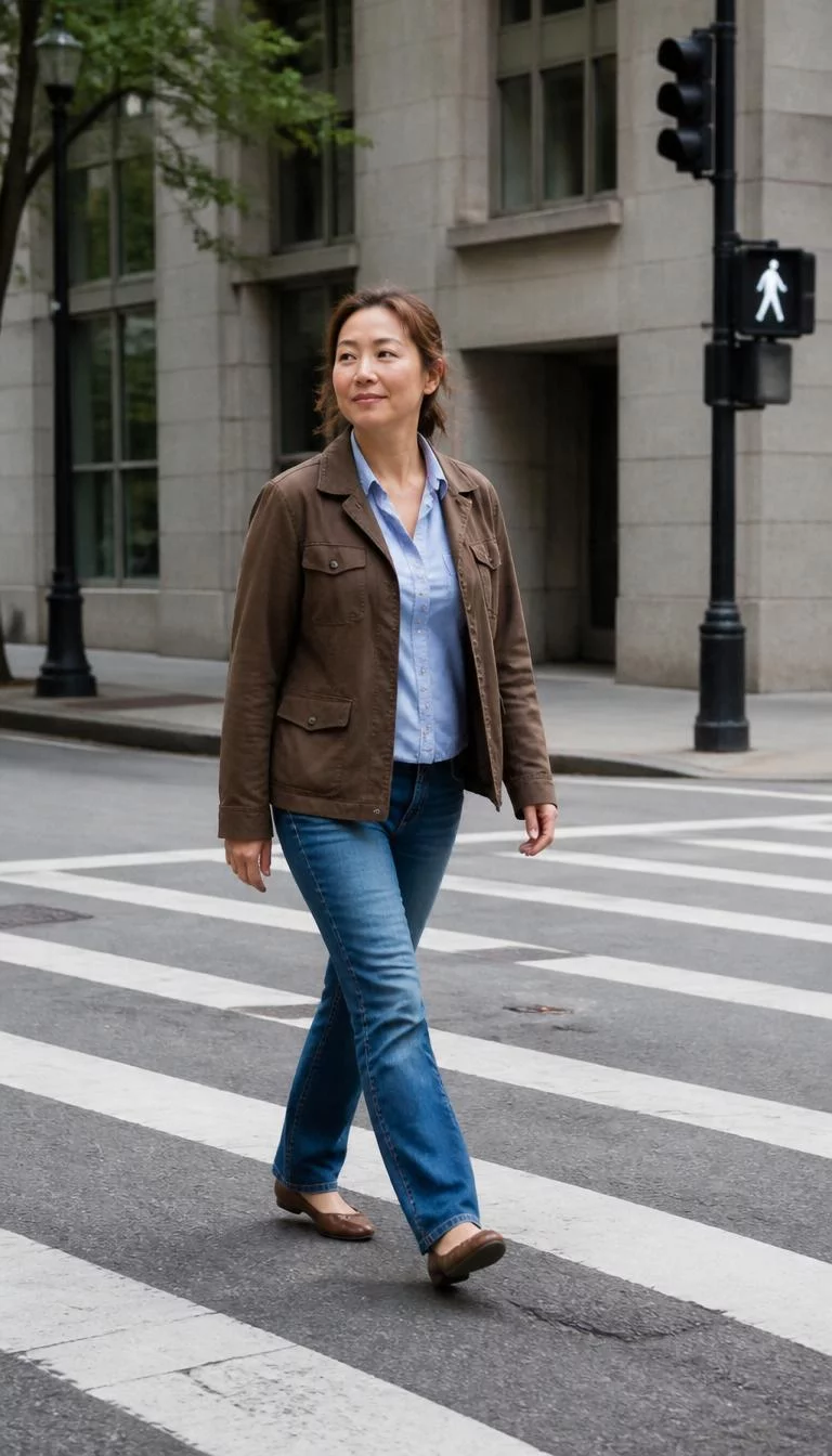 Brown Jacket and Light Blue Shirt A photorealistic full body shot of a 45-year-old East Asian woman with a heart-shaped face, dark brown, narrow nose, softly curved eyebrows, and heart-shaped lips. Her face features uneven eyebrows, light freckles, and subtle natural facial asymmetry. She has monolid brown eyes, rounded cheeks, broad smile, thoughtful. She is curvy build with light brown hair pinned back hair and is wearing a brown jacket over a light blue shirt, blue jeans, and flats, walking across a city street crosswalk, no people in the background, high-quality mobile photography, shot on an iPhone 14.