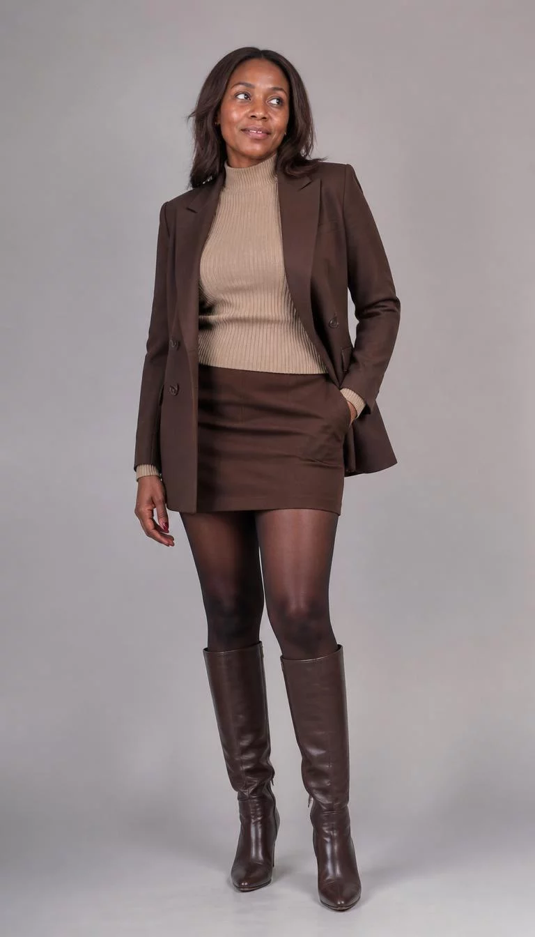 Dark Brown Blazer and Brown Mini Skirt A photorealistic full body shot of a 43-year-old Black African woman with a heart-shaped face, deep brown, narrow nose, softly curved eyebrows, and full lips. Her face features uneven eyebrows, subtle acne marks, and subtle natural facial asymmetry. She has downturned gray eyes, pronounced cheekbones, subtle smile, thoughtful. She is athletic build with dark brown hair and is wearing a dark brown blazer over a beige rib-knit sweater and brown mini skirt with tights and knee-high brown boots, in a studio setting, no people in the background, high-quality mobile photography, shot on an iPhone 14.