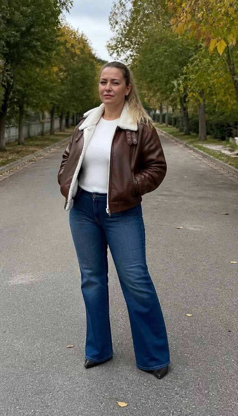 Brown Bomber Jacket and Flared Jeans A photorealistic full body shot of a 38-year-old Eastern European woman with a diamond face, deep brown, aquiline nose, thin arched eyebrows, and full lips. Her face features slightly crooked smile, faint under-eye shadows, and subtle natural facial asymmetry. She has upturned hazel eyes, rounded cheeks, neutral expression, thoughtful. She is curvy build with blonde low ponytail hair and is wearing a brown bomber jacket with a white collar over a white sweater and blue flared jeans, on a tree-lined street, no people in the background, high-quality mobile photography, shot on an iPhone 14.