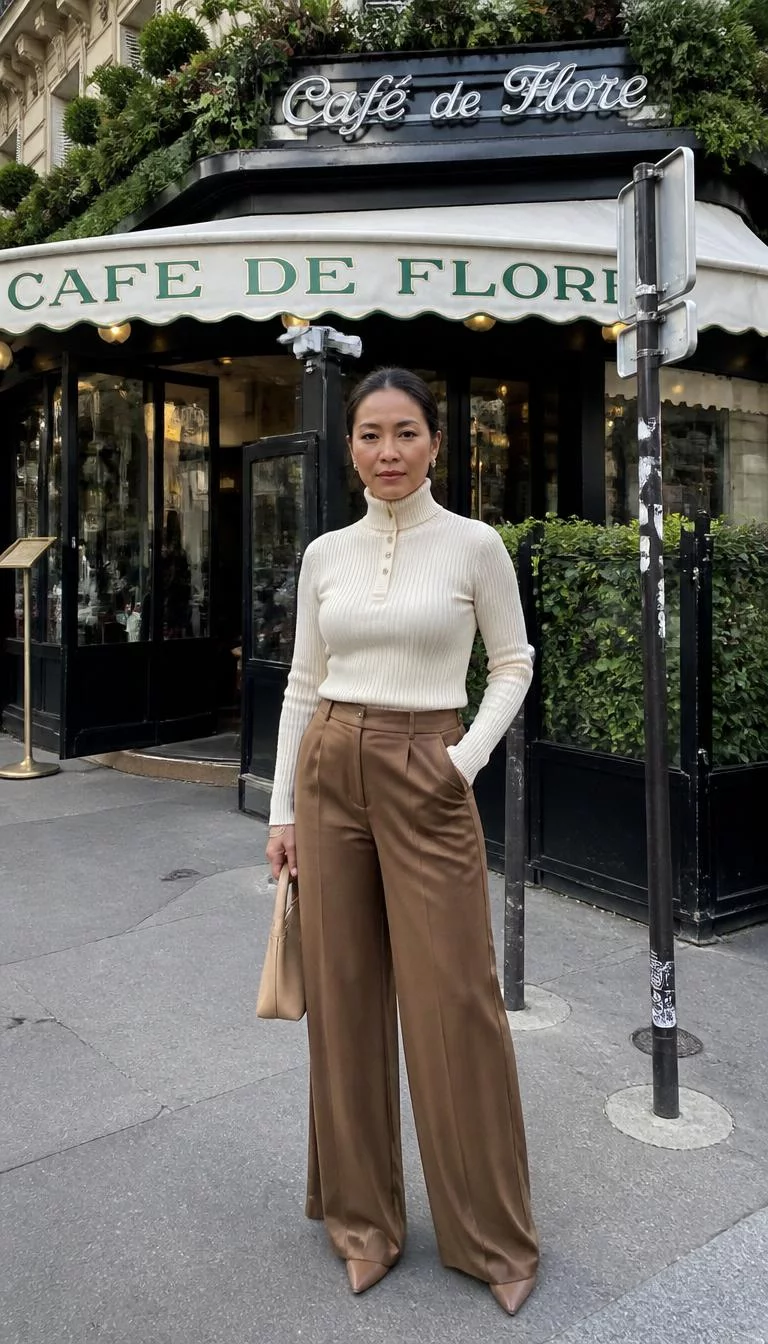 Ribbed Polo Neck and Tailored Trousers A photorealistic full body shot of a 41-year-old Southeast Asian woman with a diamond face, olive, upturned nose, thick natural eyebrows, and wide lips. Her face features faint freckles across the nose, visible pores, and subtle natural facial asymmetry. She has round brown eyes, high cheekbones, neutral expression, confident. She is average build with dark hair updo and is wearing a cream ribbed polo-neck top with brown tailored wide-leg trousers and heels, outside the Café de Flore, no people in the background, high-quality mobile photography, shot on an iPhone 14.