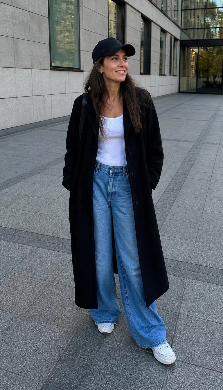 Long Black Coat and Wide Leg Jeans A photorealistic full body shot of a 46-year-old Southern European woman with a oval face, deep brown, button nose, thick natural eyebrows, and heart-shaped lips. Her face features gap between front teeth, faint under-eye shadows, and subtle natural facial asymmetry. She has deep-set gray eyes, soft cheekbones, broad smile, thoughtful. She is petite with long brown hair hair and is wearing a black cap, long black coat, white tank, and wide-leg jeans with sneakers, standing on a paved walkway near office buildings, no people in the background, high-quality mobile photography, shot on an iPhone 14.